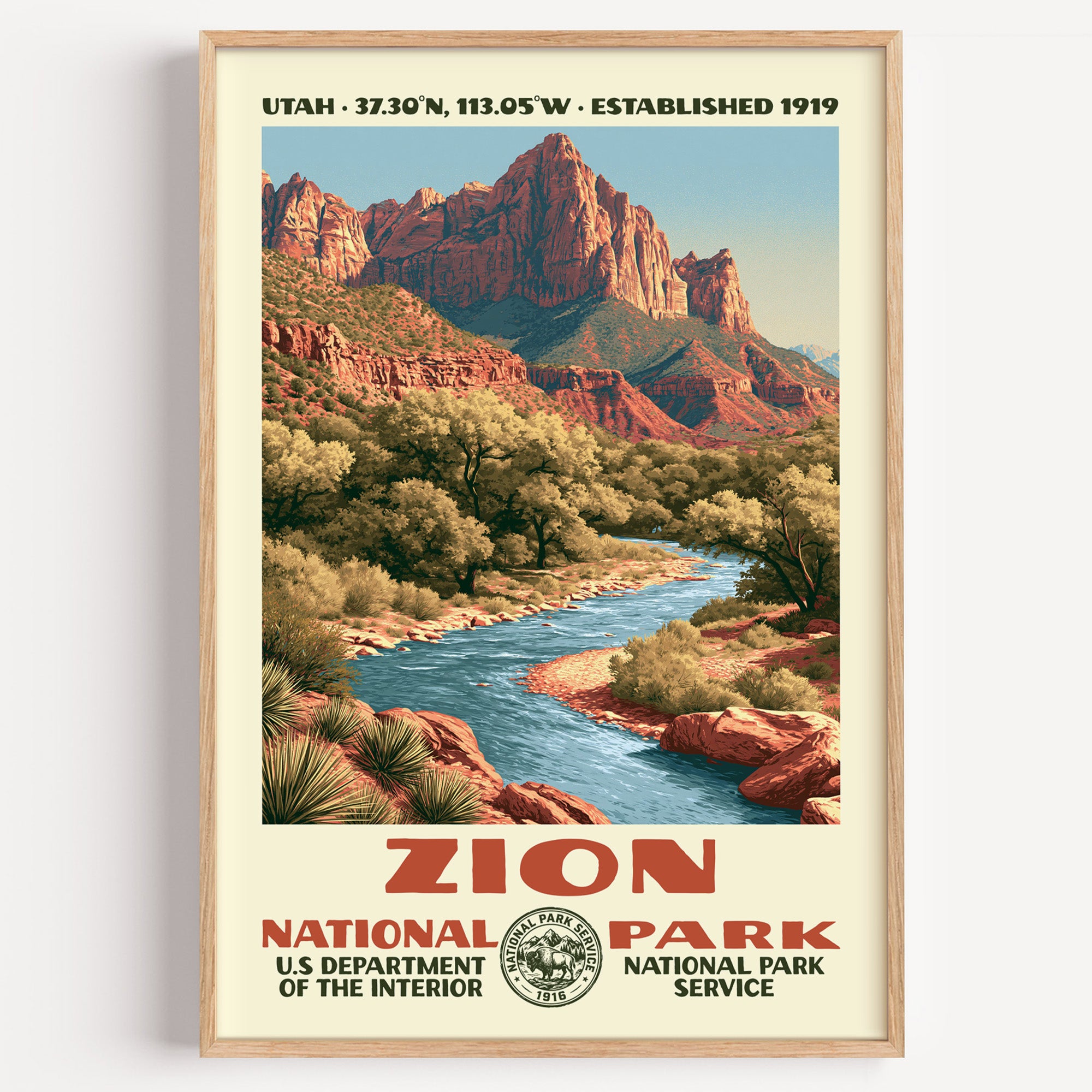 Zion National Park vintage WPA poster in a wood frame, the Watchman glowing above the Virgin River