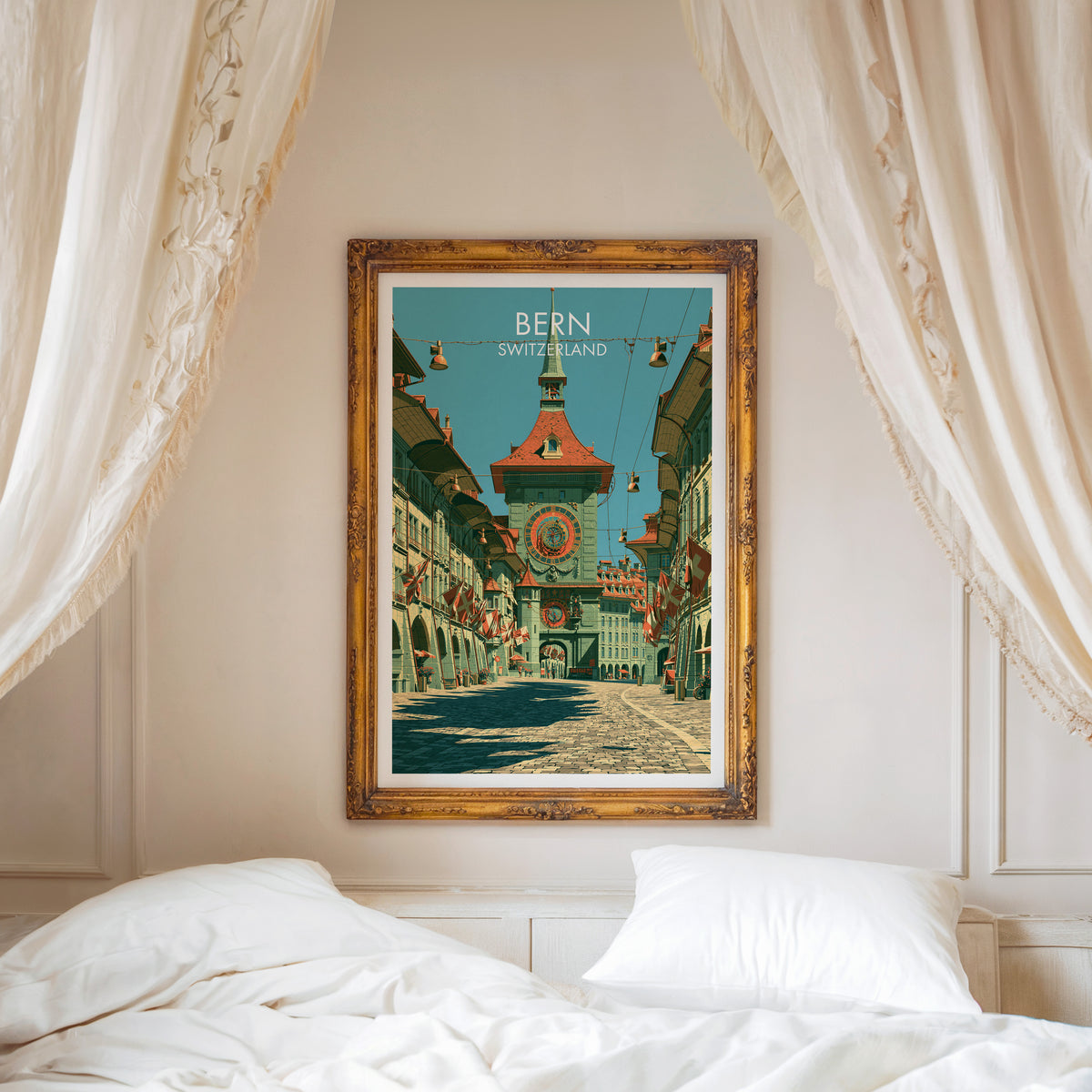 Zytglogge Bern poster, ornate gold frame above a white bed with linen canopy curtains