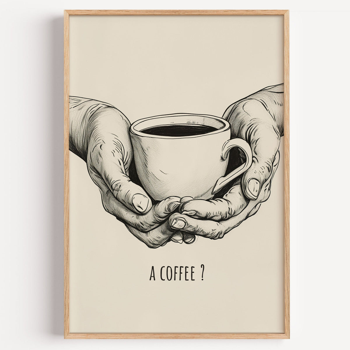 A Coffee pencil sketch print in a light oak frame on a plain white wall