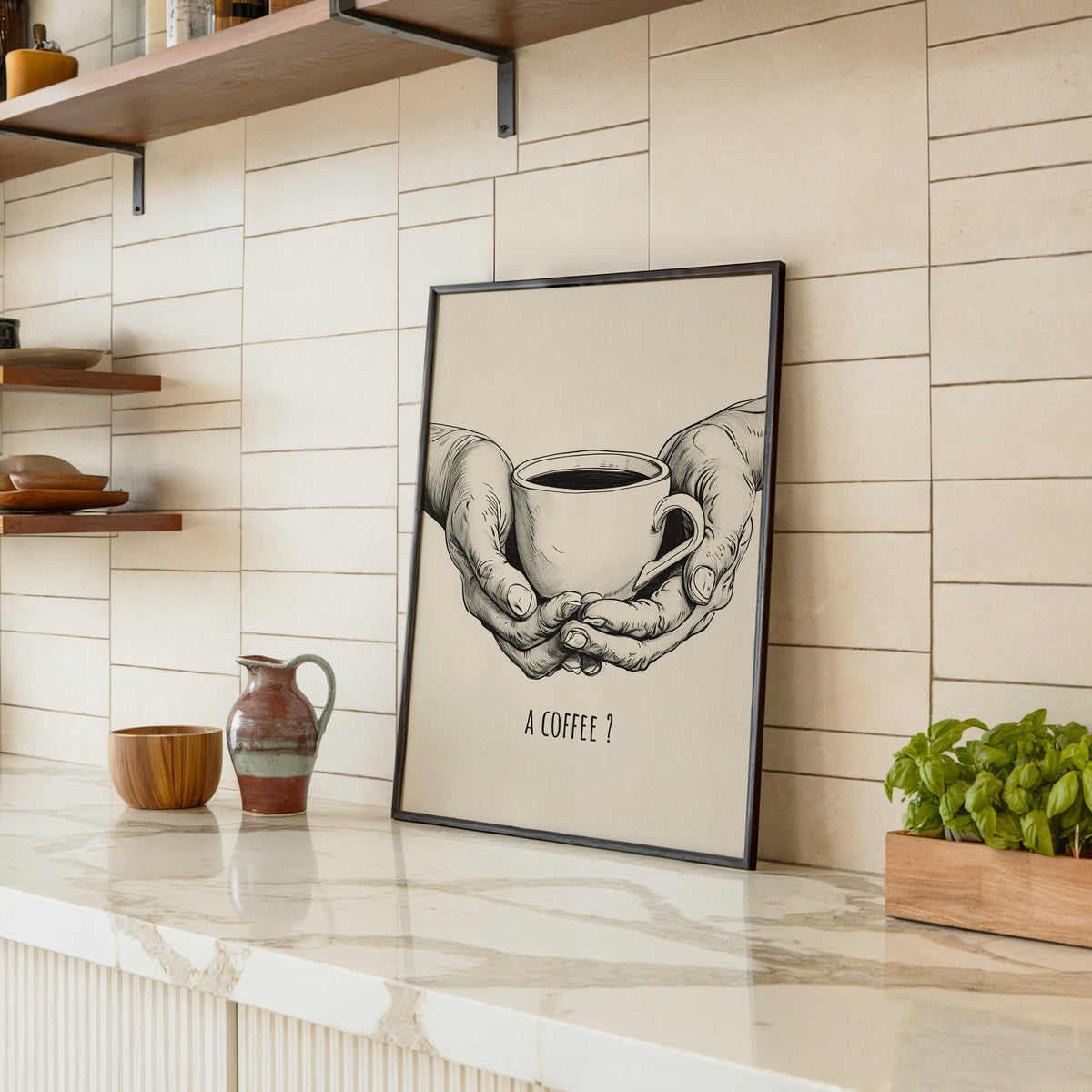 A Coffee sketch print in a black frame leaning on a marble counter in a tiled kitchen