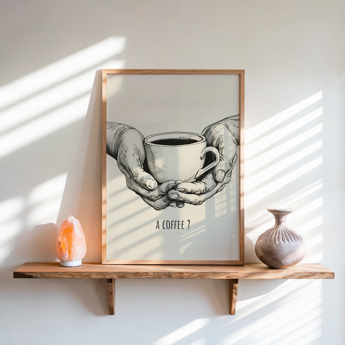 A Coffee sketch print in an oak frame on a live-edge shelf beside a salt lamp