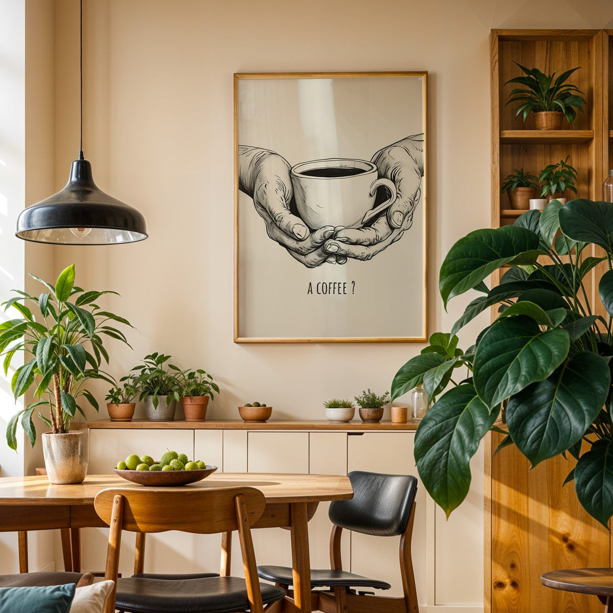 A Coffee sketch print in an oak frame in a dining room above a plant-lined sideboard