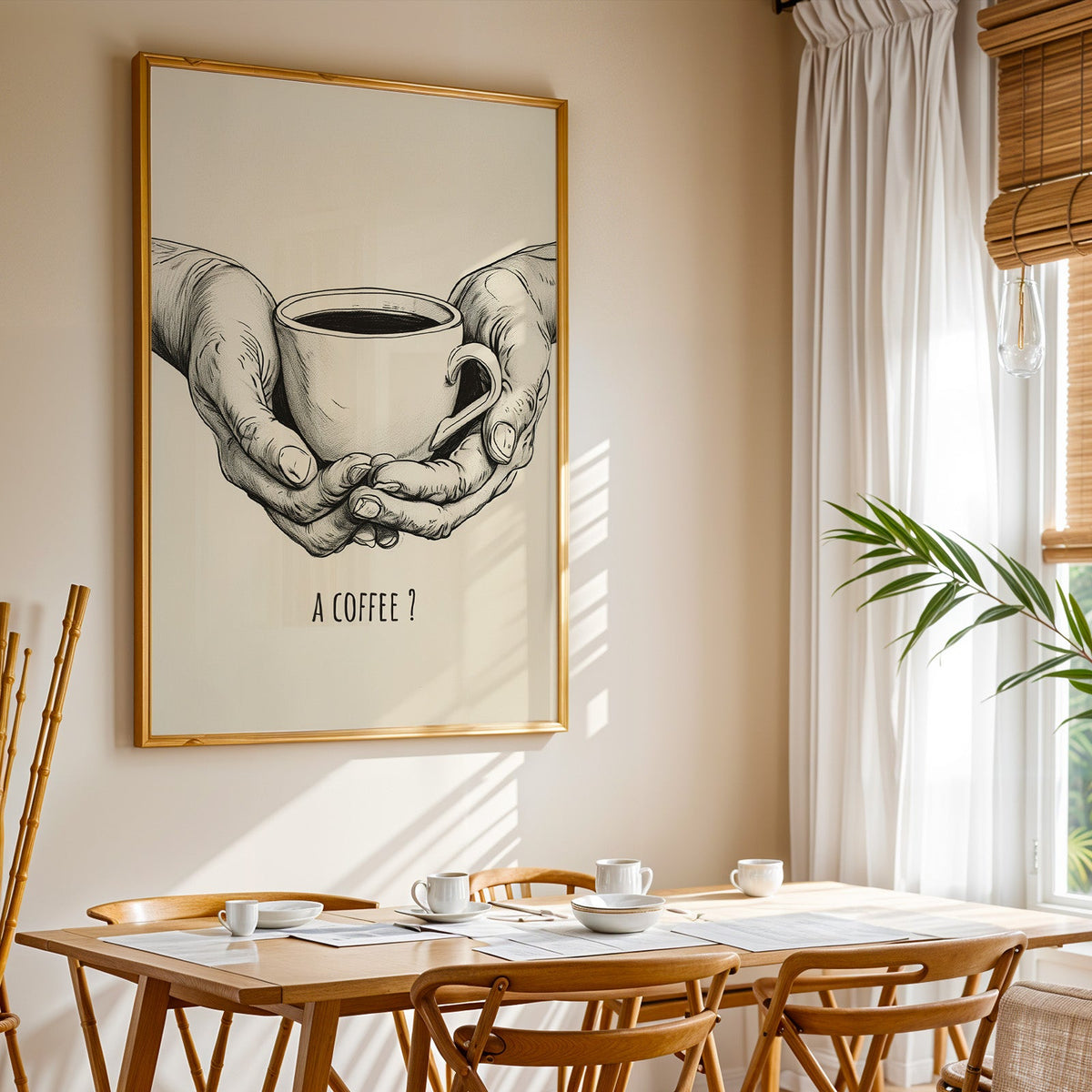 A Coffee sketch print shown in a gold frame above a breakfast table by a curtained window