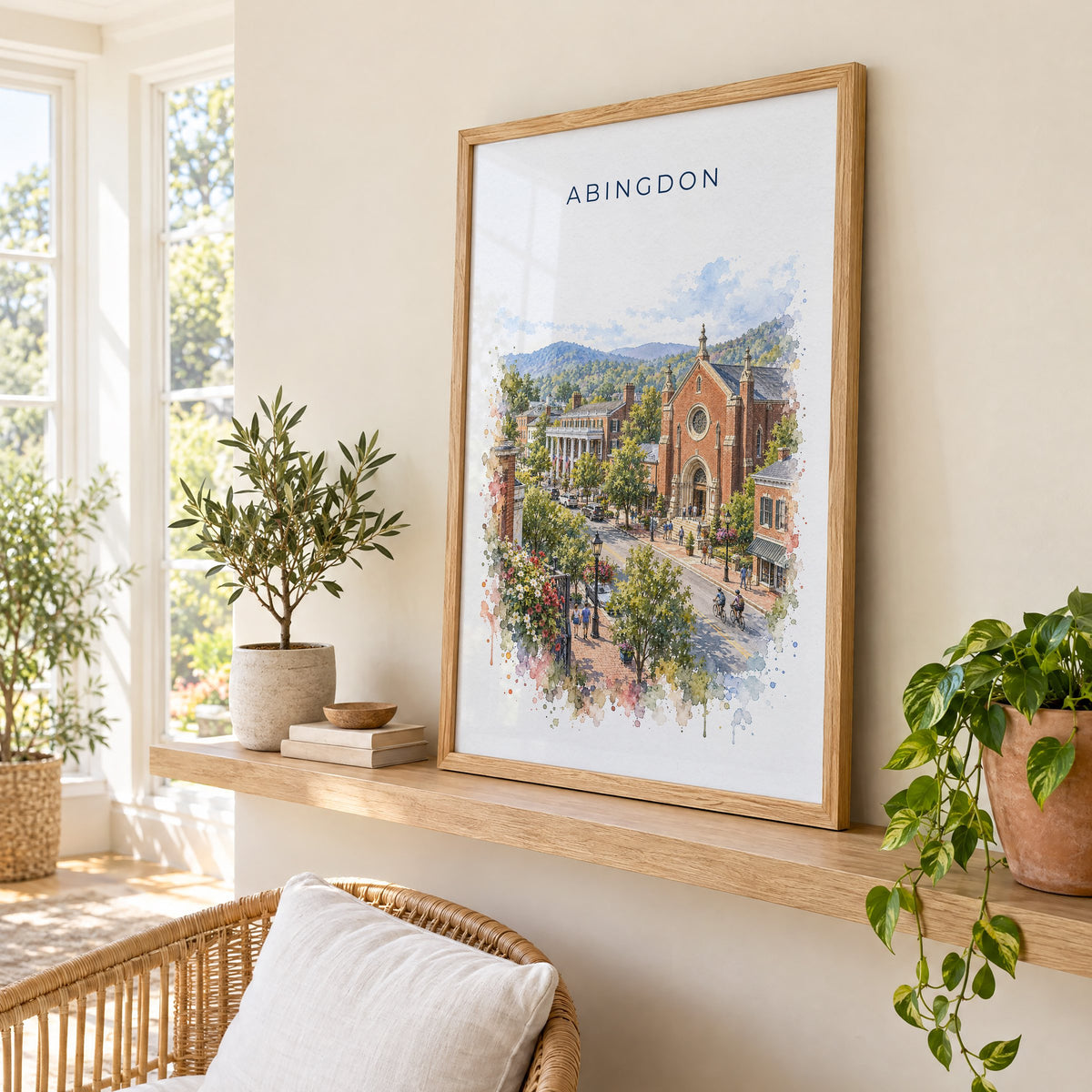 Abingdon, Virginia watercolor print in an oak frame on a picture ledge in a sunlit sunroom
