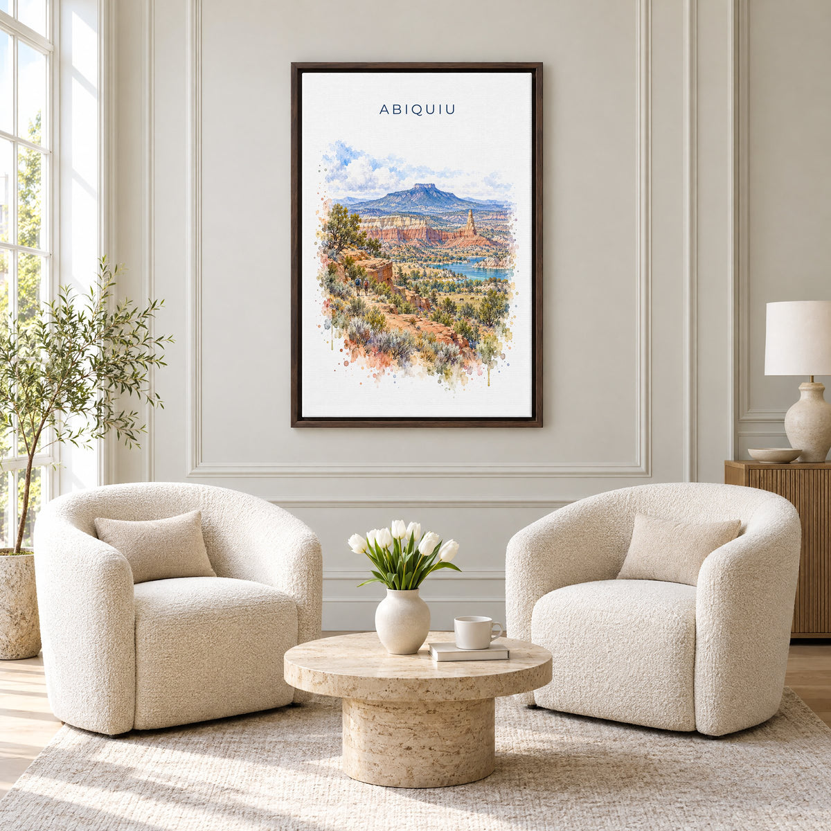 Abiquiu, New Mexico watercolor print as an espresso floater canvas above two boucle armchairs in a hotel lounge
