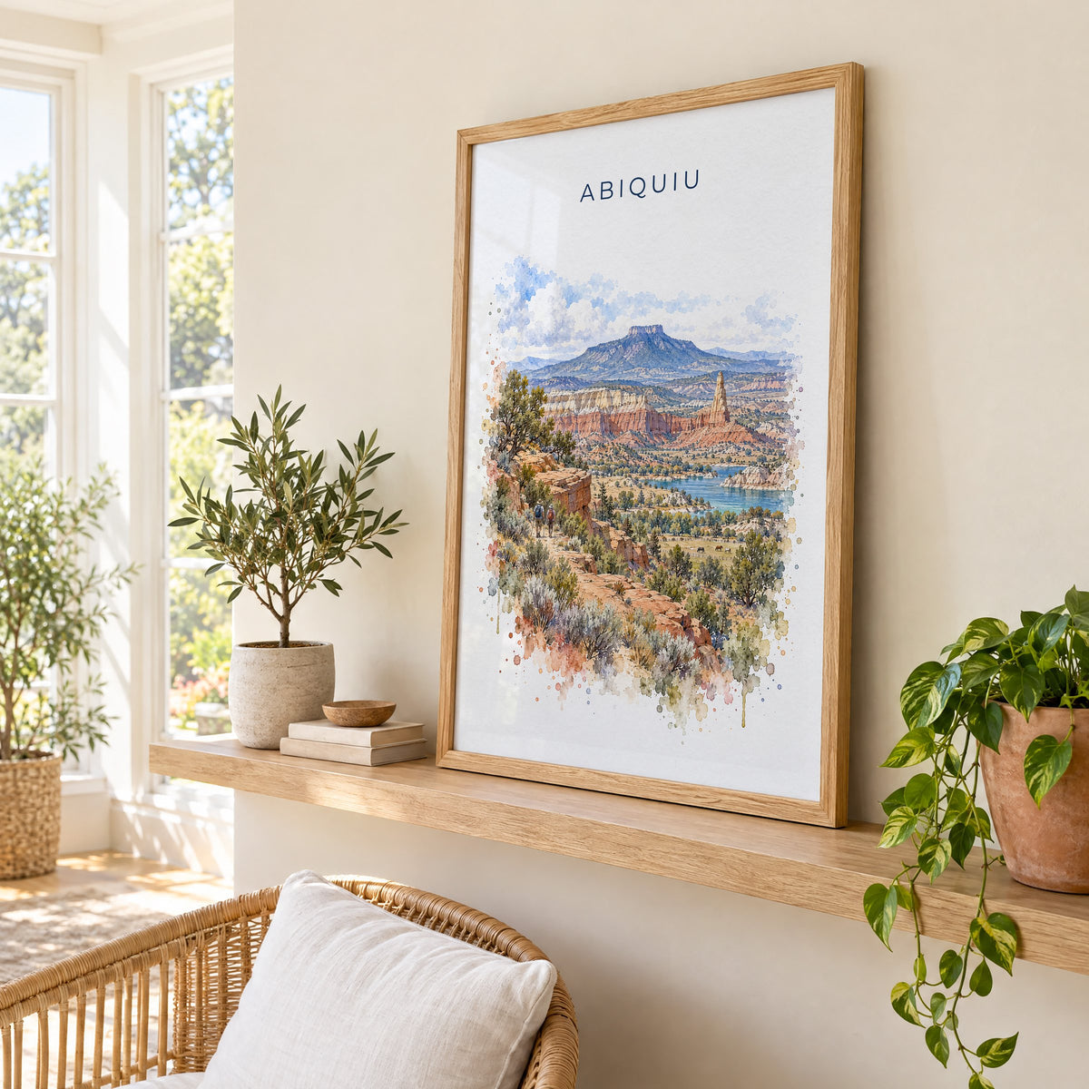 Abiquiu, New Mexico watercolor print in an oak frame on a picture ledge in a sunlit sunroom