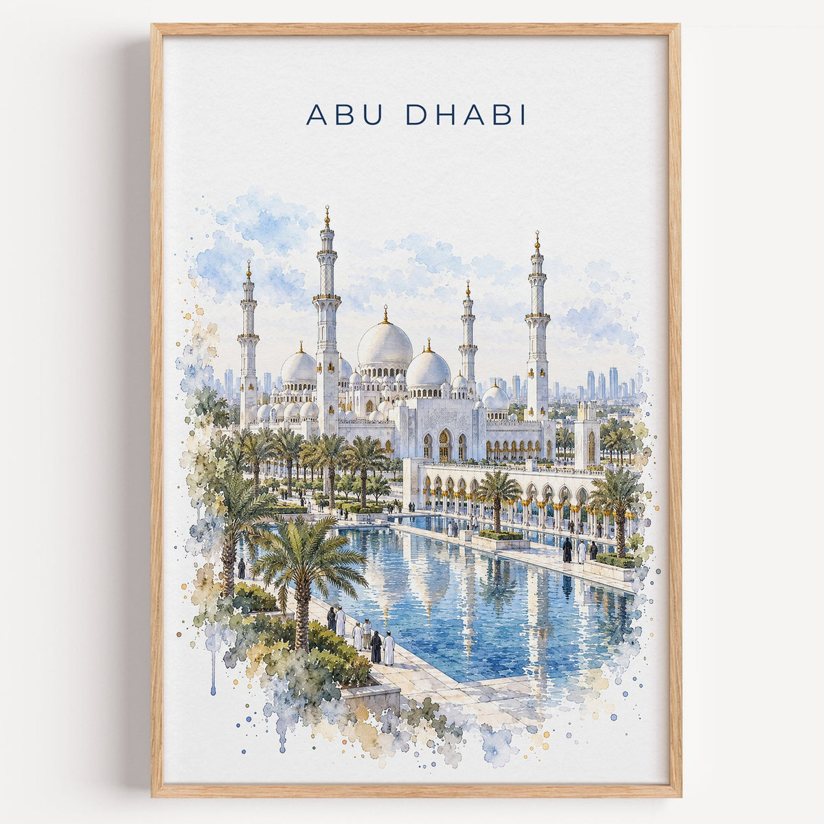 Abu Dhabi watercolor print in a light oak frame on a plain white wall
