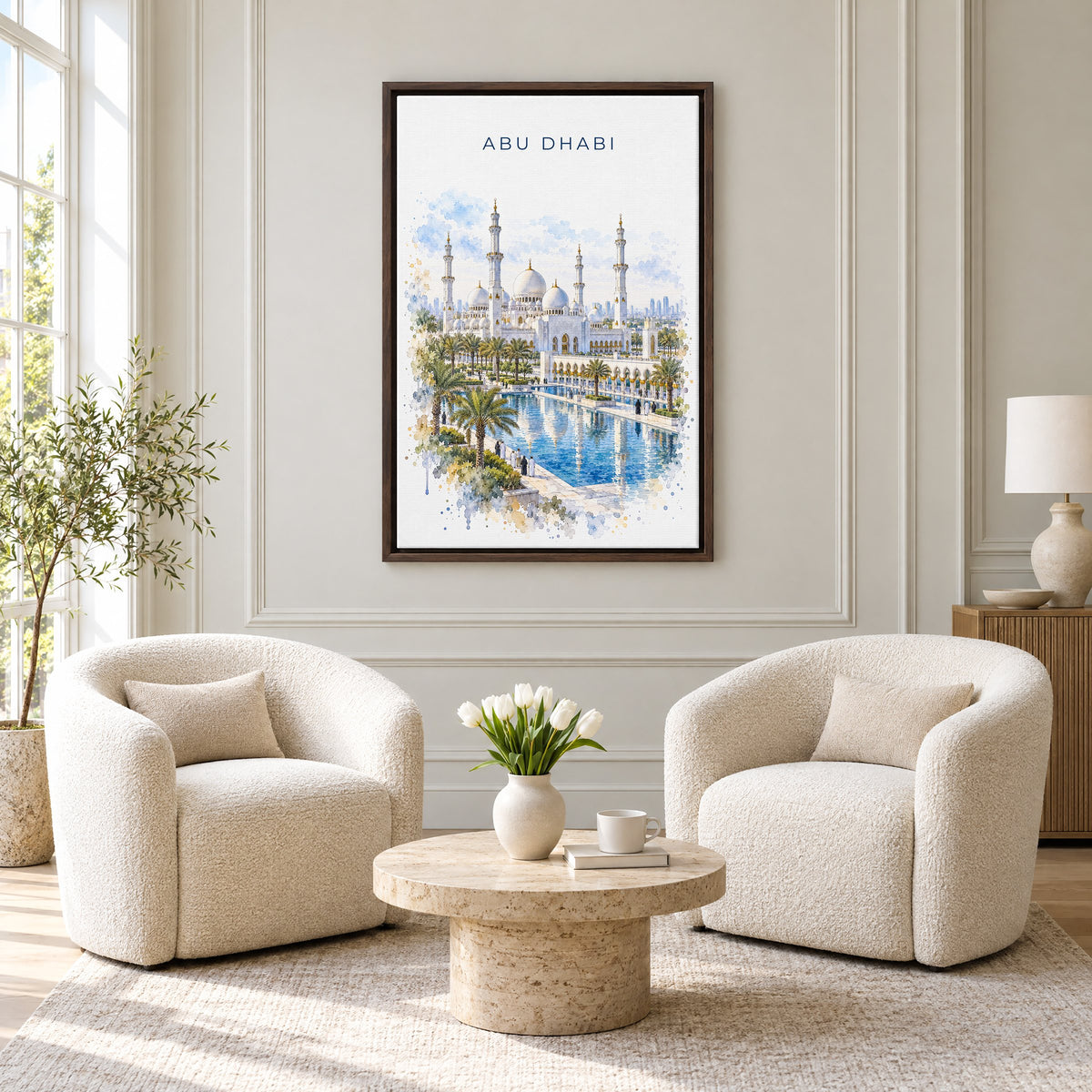 Abu Dhabi watercolor print as an espresso floater canvas above two boucle armchairs in a hotel lounge