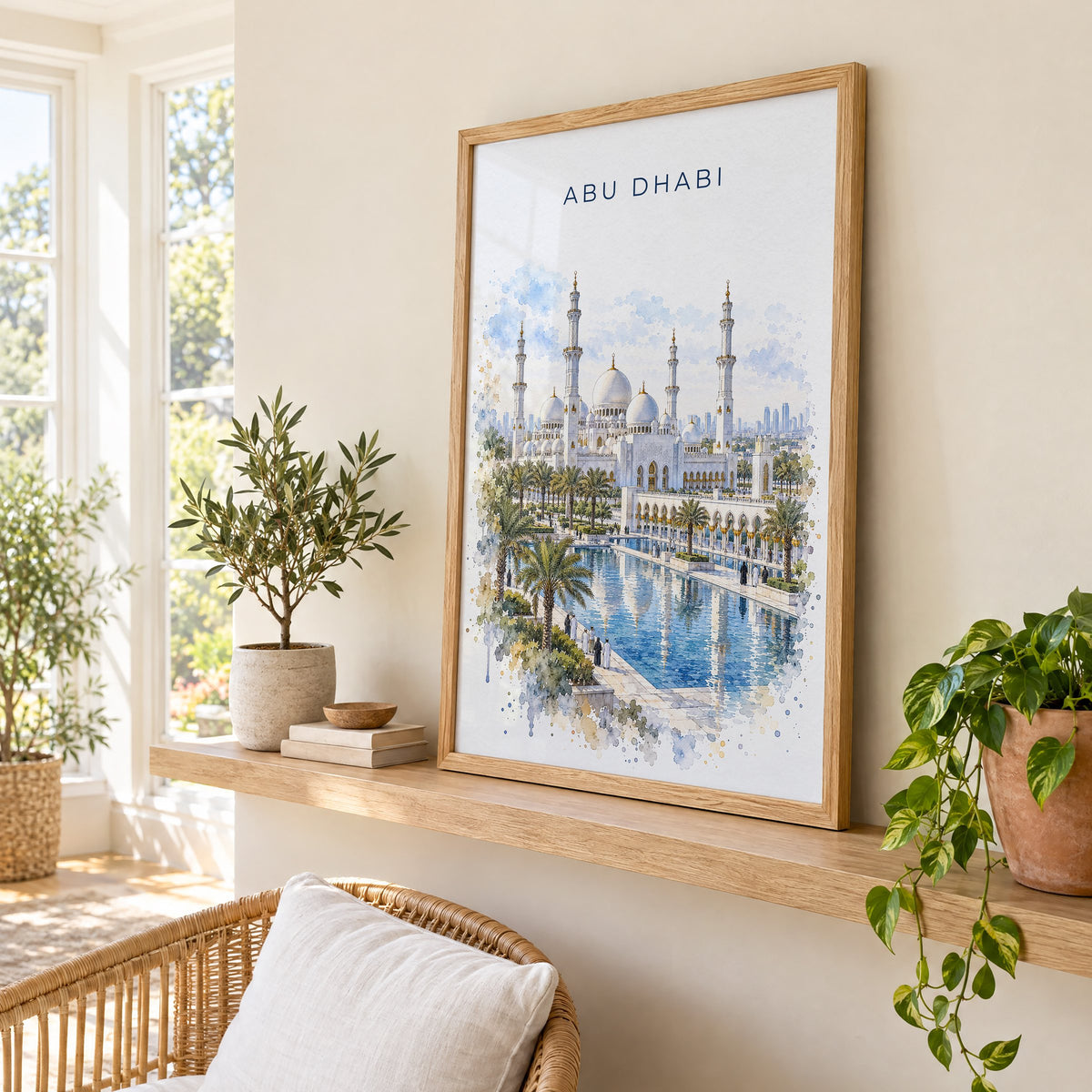 Abu Dhabi watercolor print in an oak frame on a picture ledge in a sunlit sunroom