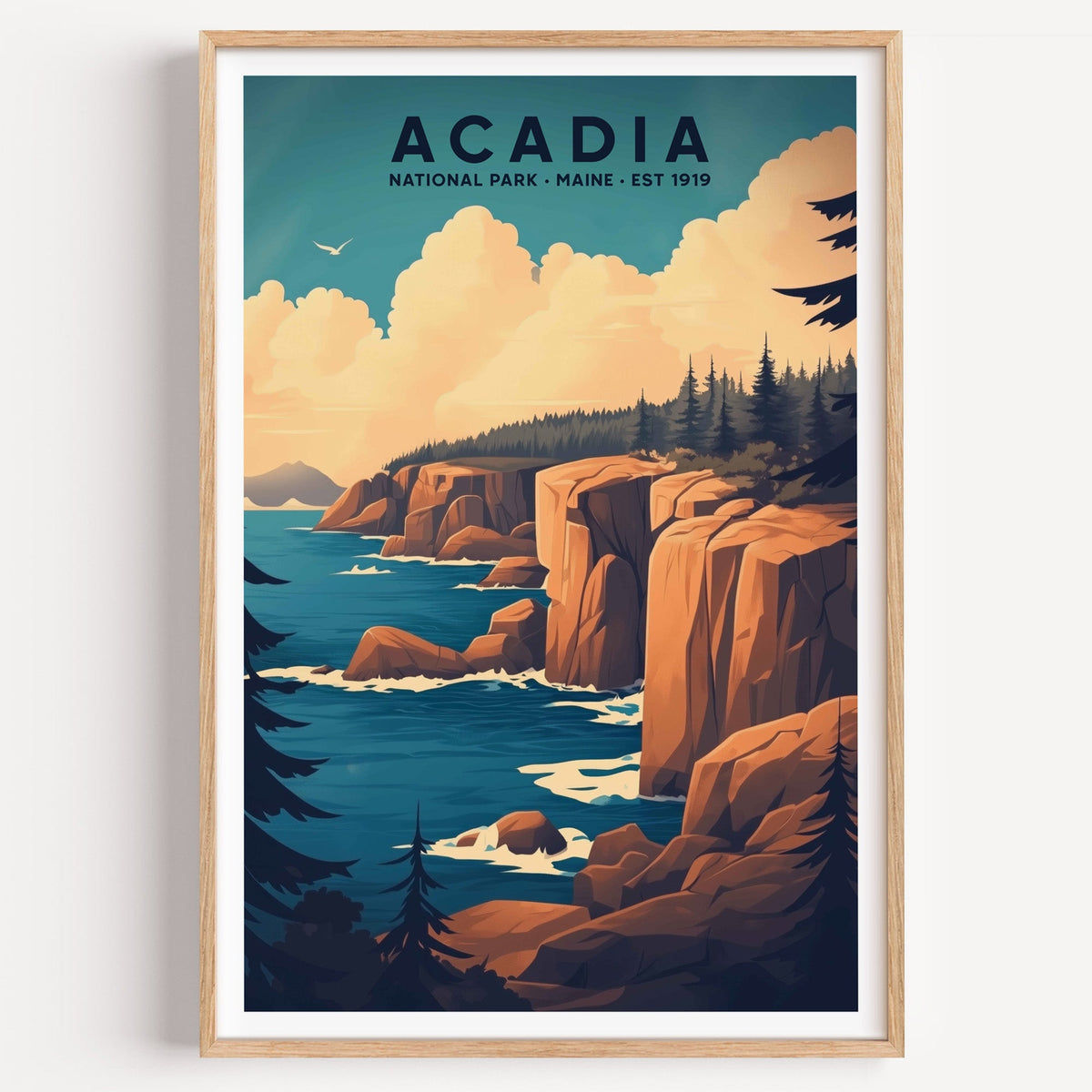 Acadia National Park illustrated print: granite sea cliffs and spruce above the Atlantic, in an oak frame