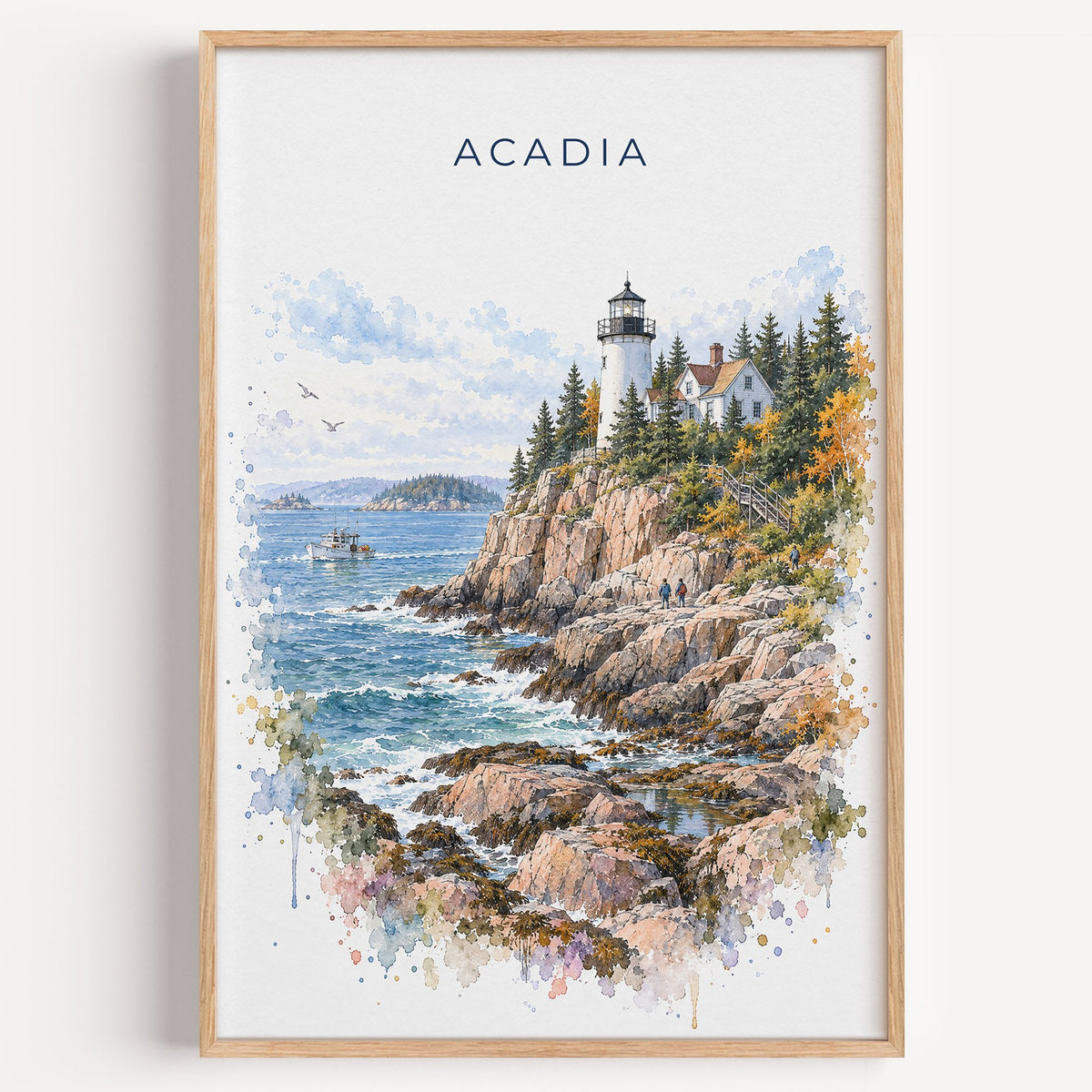 Acadia National Park watercolor print in a light oak frame on a plain white wall