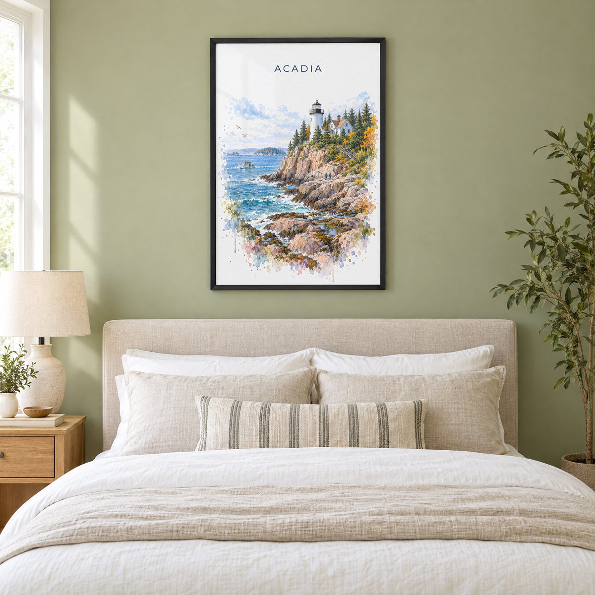 Acadia National Park watercolor print in a black frame above an upholstered headboard in a sage green bedroom
