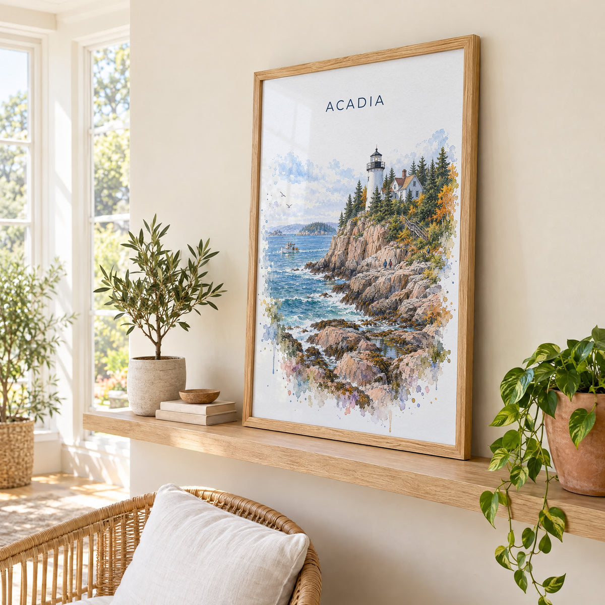 Acadia National Park watercolor print in an oak frame on a picture ledge in a sunlit sunroom