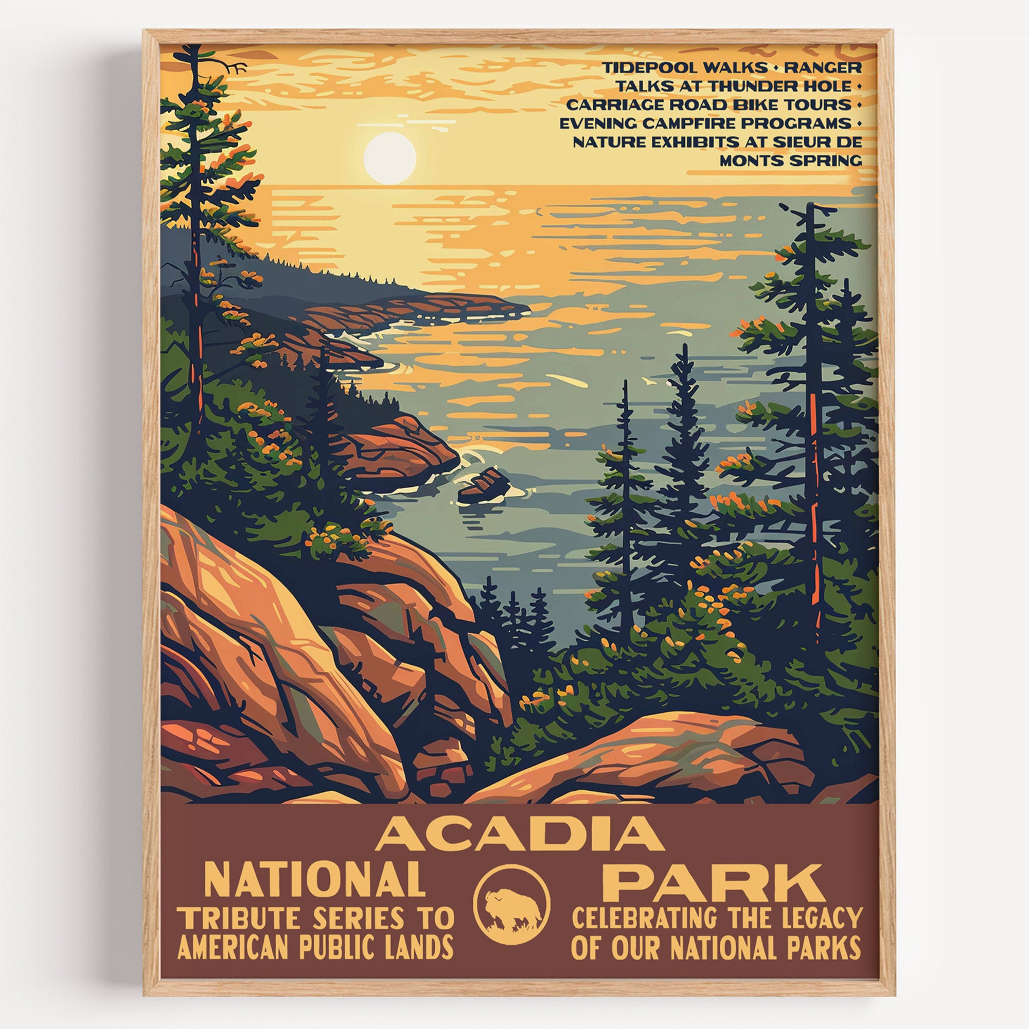 Acadia National Park wall art print in a thin wood frame, sunrise burning over the rocky Maine coast and dark spruce