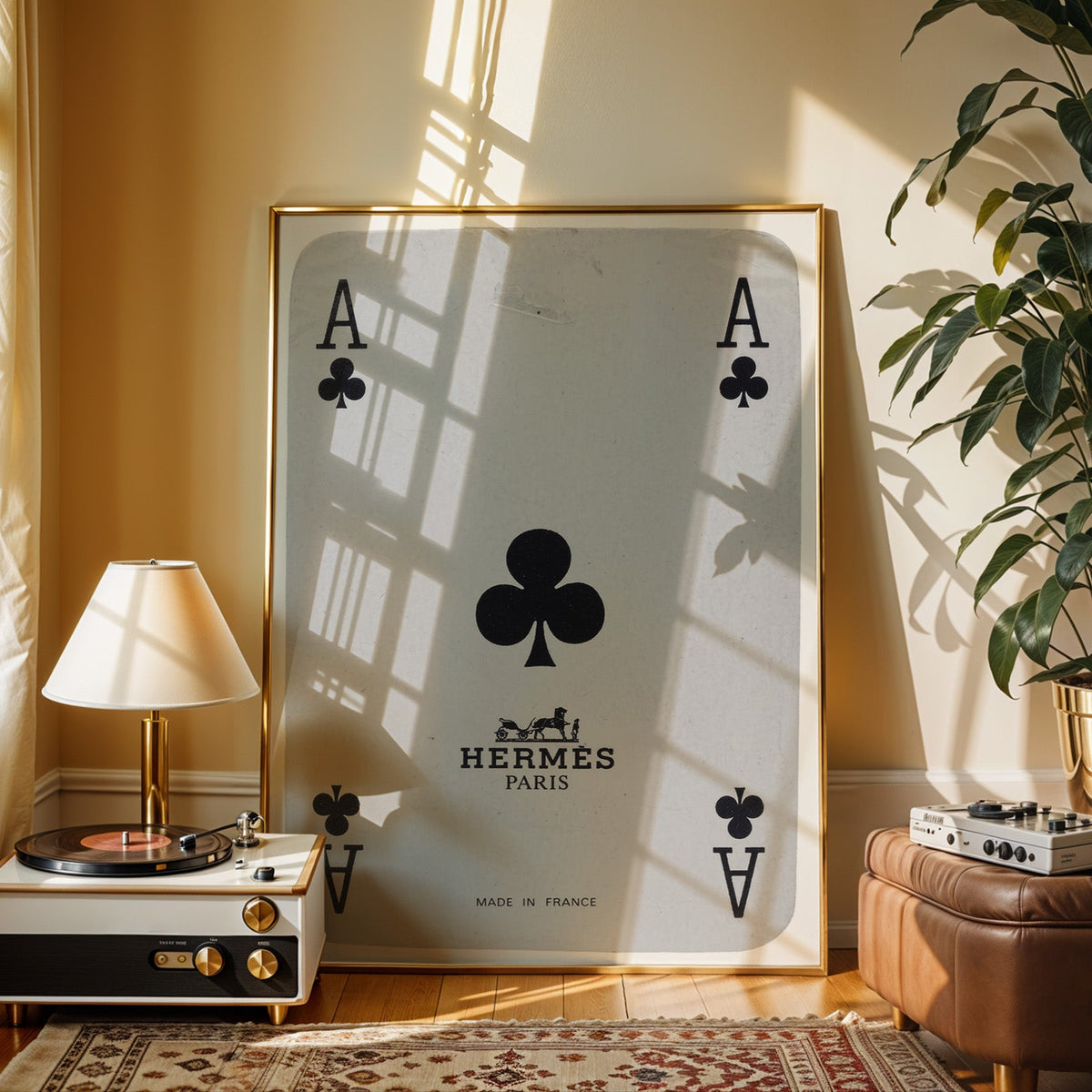 Worn vintage ace of clubs playing card print shown in a gold frame beside a record player and table lamp