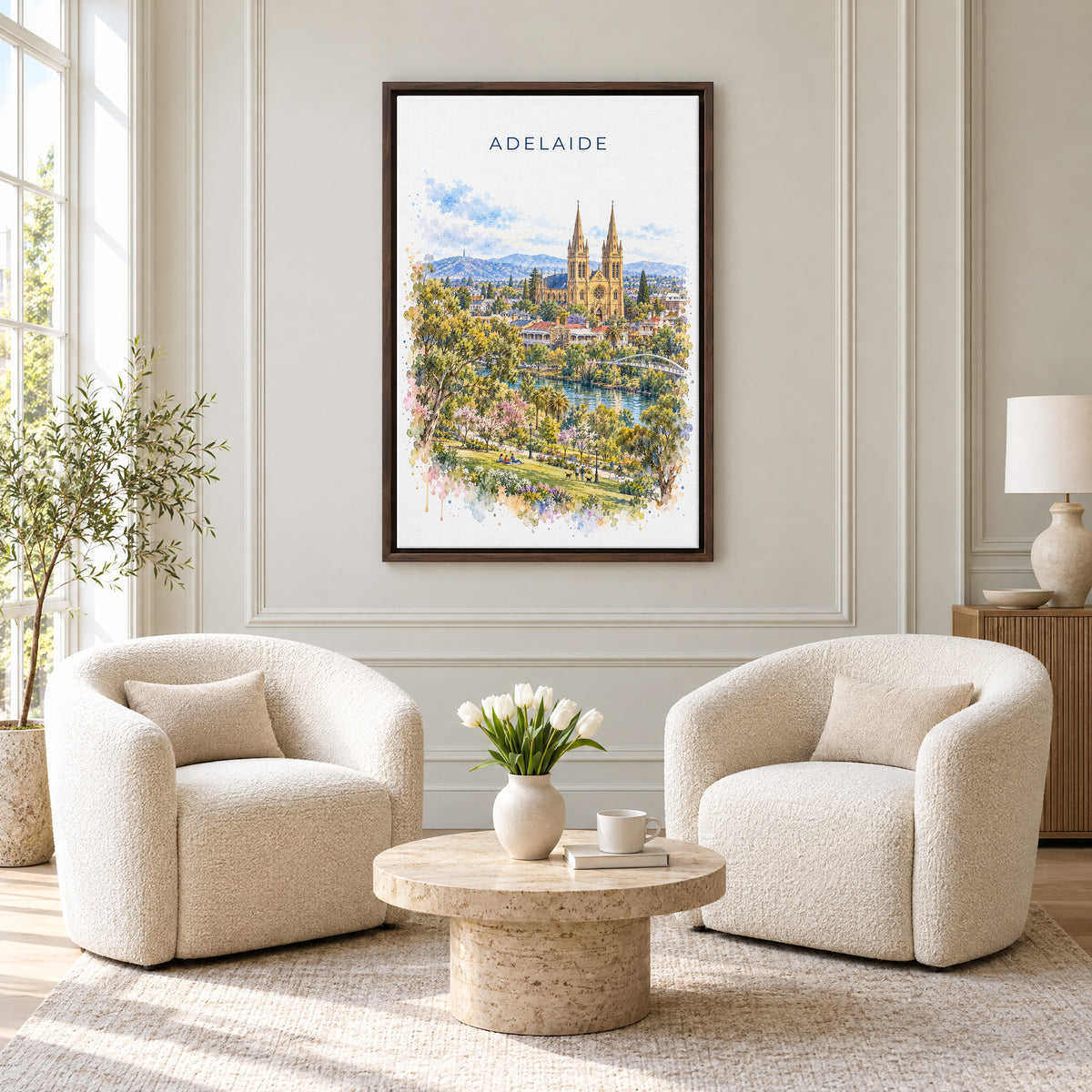 Adelaide watercolor print as an espresso floater canvas above two boucle armchairs in a hotel lounge