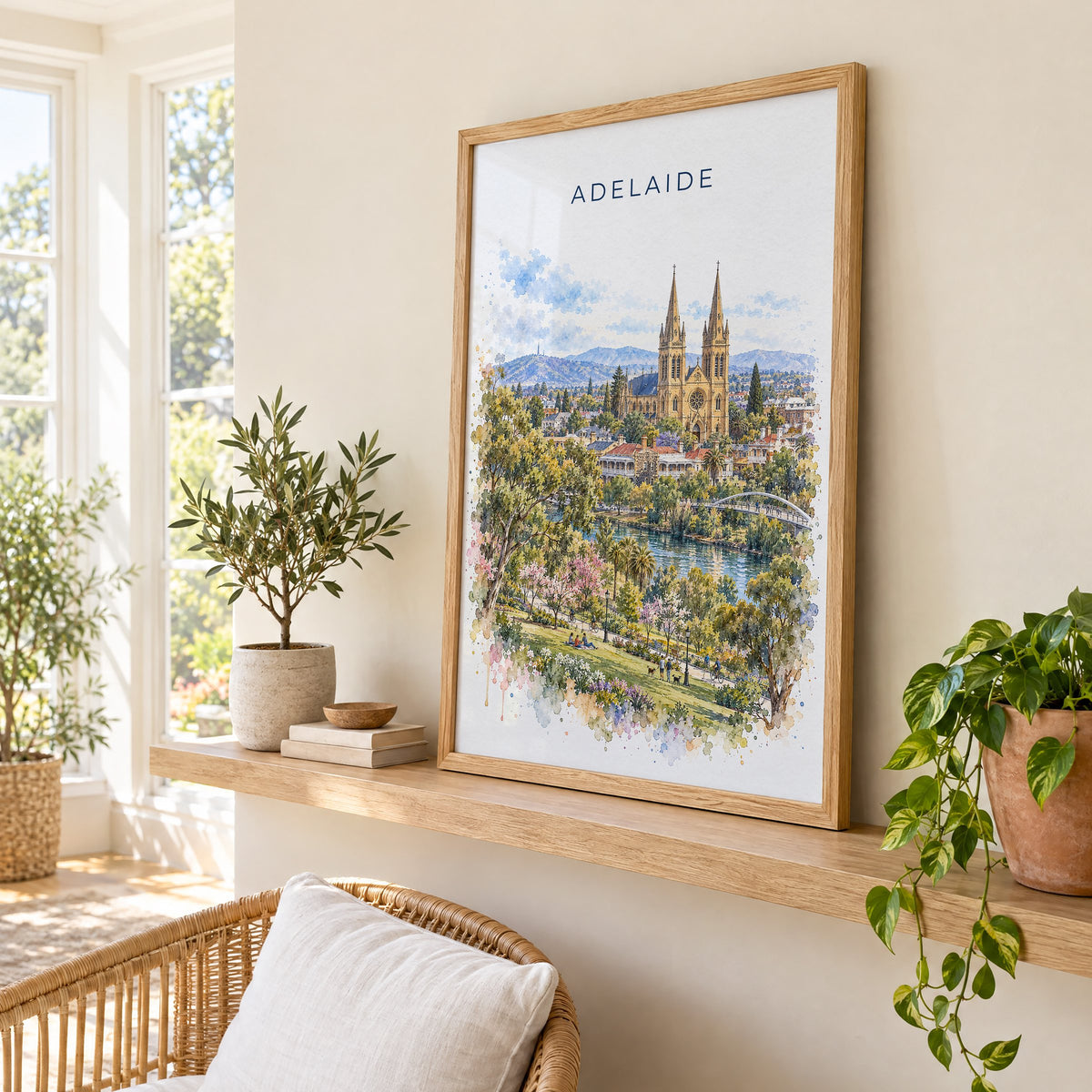Adelaide watercolor print in an oak frame on a picture ledge in a sunlit sunroom