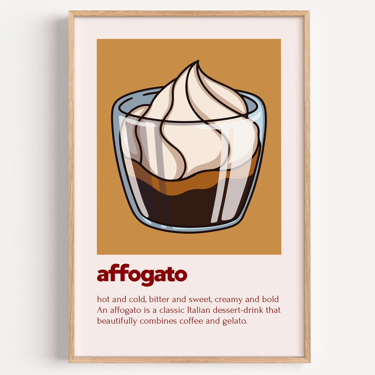 affogato gelato and coffee ochre card print in a light oak frame on a plain white wall