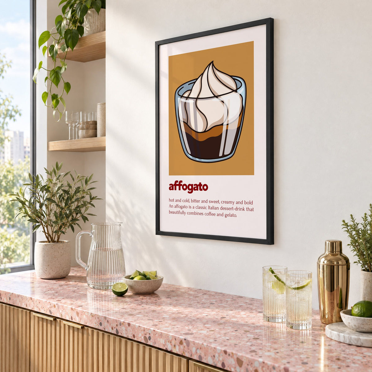 affogato gelato and coffee ochre card print in a black frame above a pink terrazzo cocktail counter with limes, seen at an angle