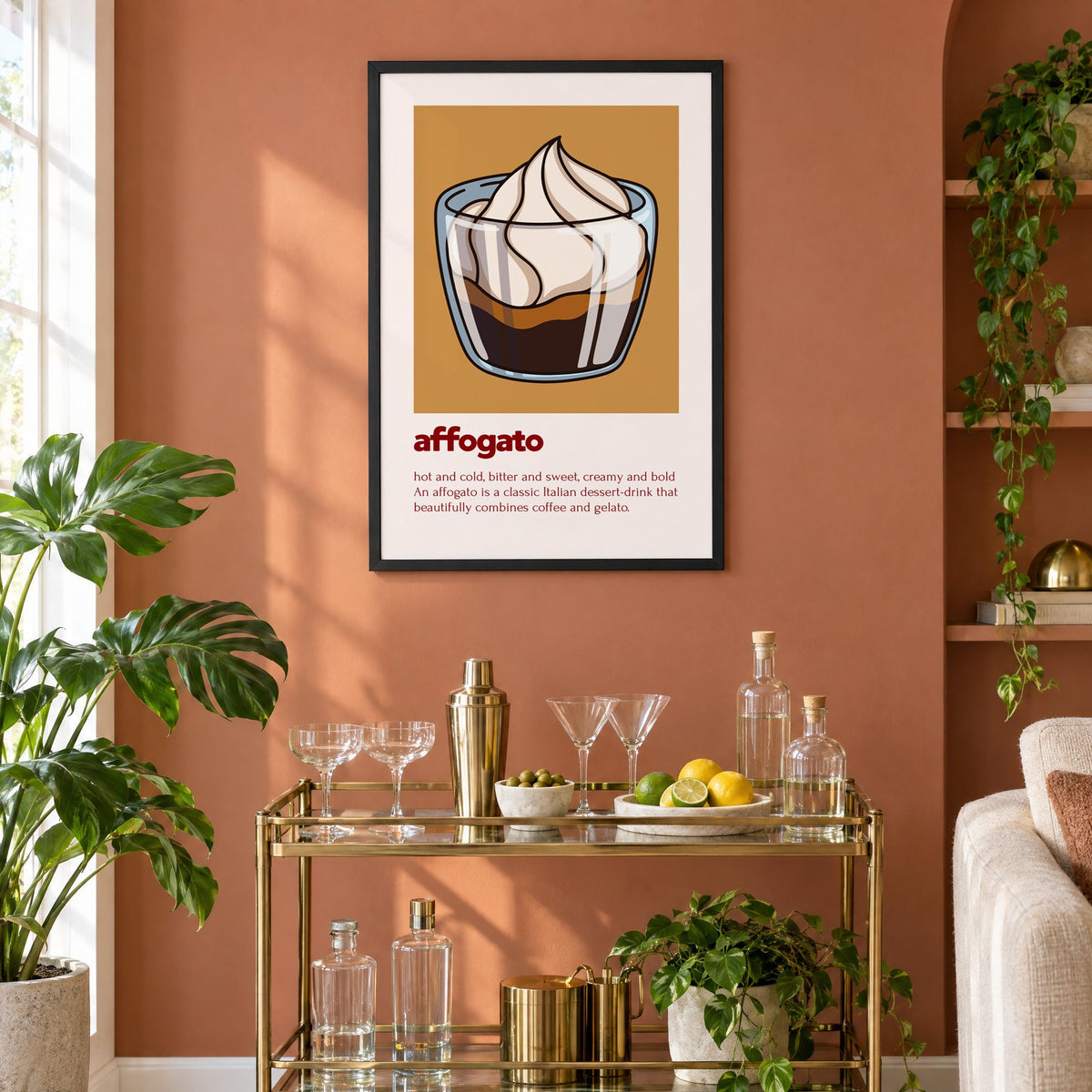 affogato gelato and coffee ochre card print in a black frame on a terracotta wall above a brass bar cart with coupes and citrus