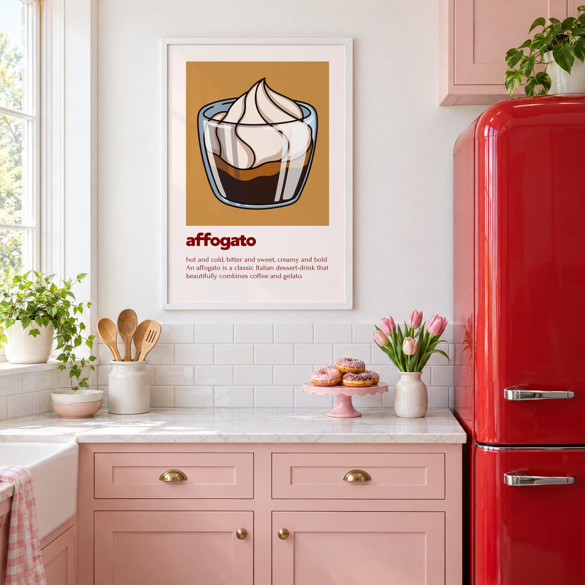 affogato gelato and coffee ochre card print in a white frame above pink cabinets beside a red retro fridge