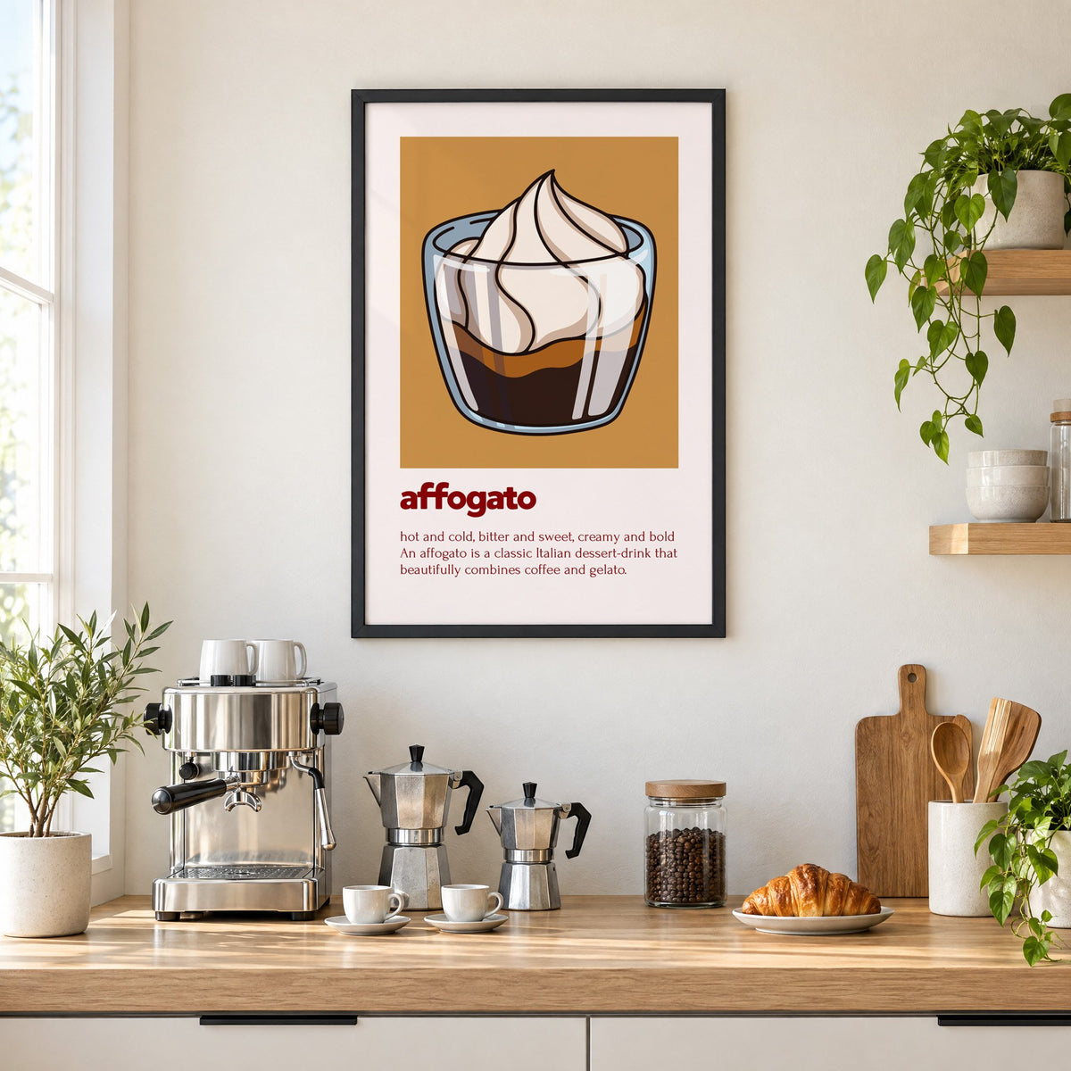 affogato gelato and coffee ochre card print in a black frame above a home espresso bar with moka pots and espresso cups