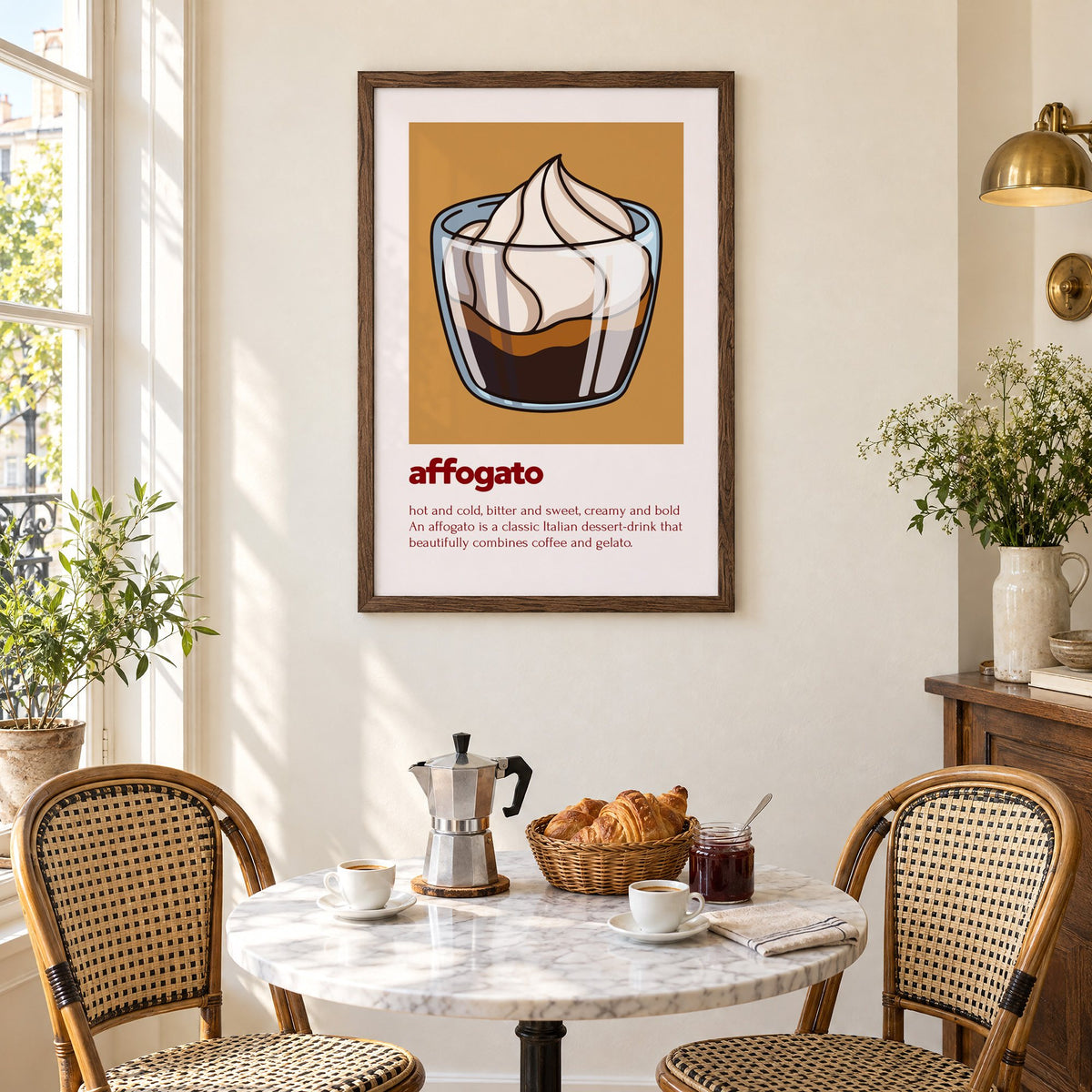 affogato gelato and coffee ochre card print in a walnut frame above a marble bistro table with croissants and rattan chairs