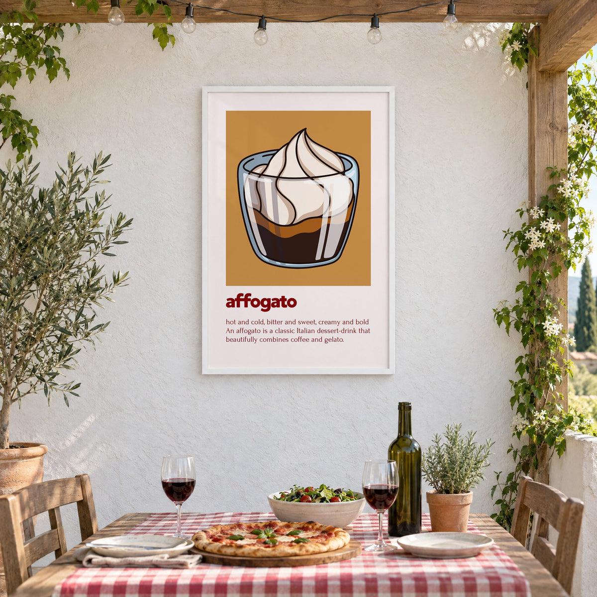 affogato gelato and coffee ochre card print in a white frame on a stucco wall above a checked-cloth table with pizza and red wine