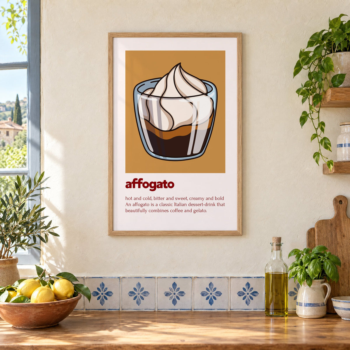 affogato gelato and coffee ochre card print in an oak frame on a cream plaster wall above a worktop with a bowl of lemons and blue-and-white tiles