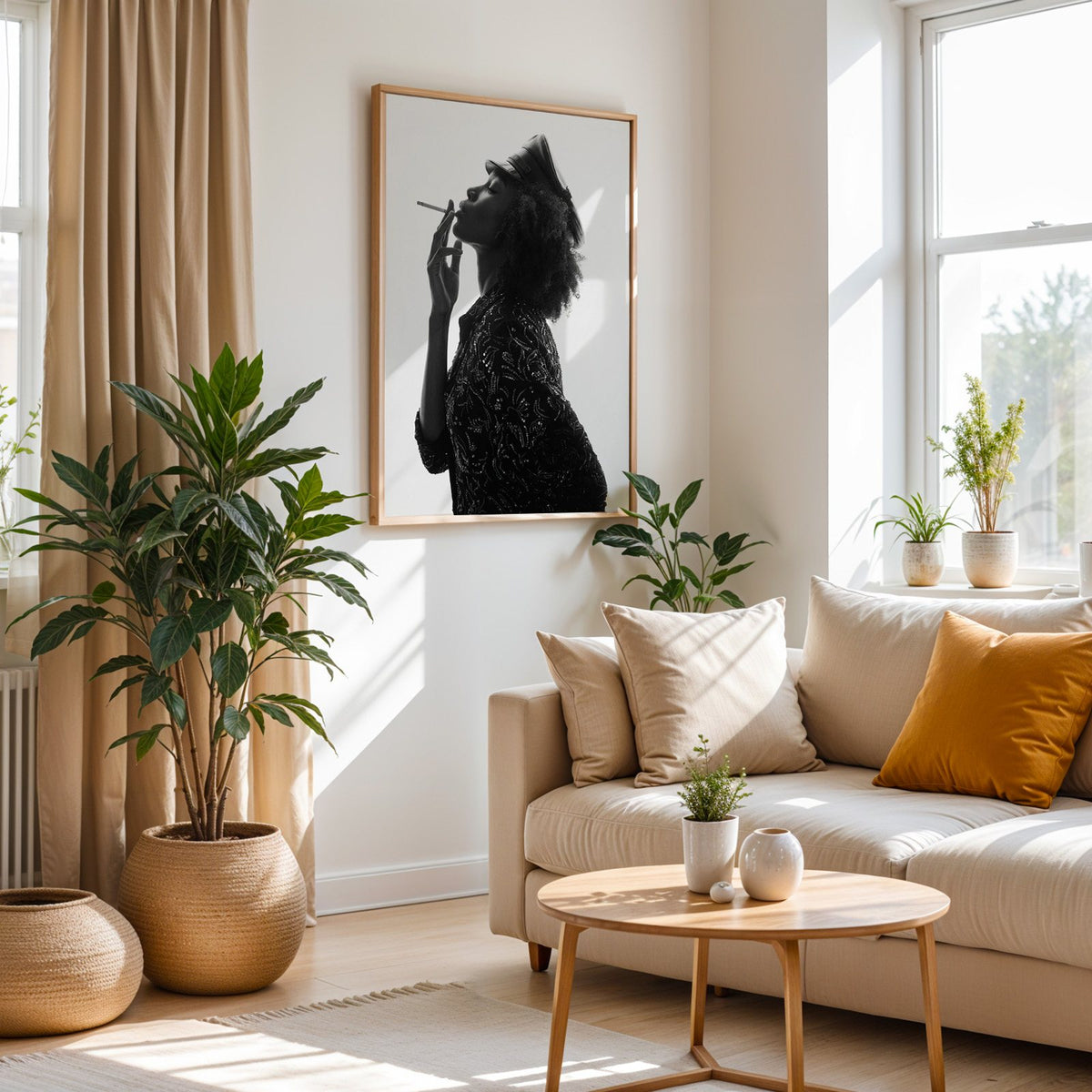 Backlit profile in leather cap with curly hair print in an oak frame above a cream sofa beside woven planters