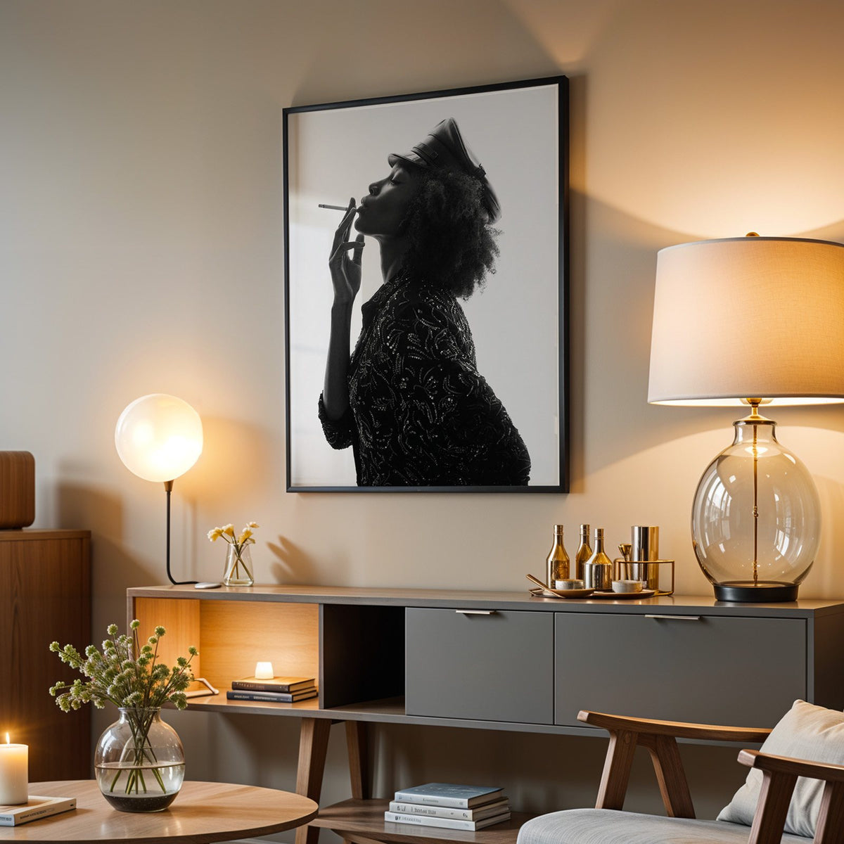 Backlit profile in leather cap with curly hair print in a black frame above a grey media console with a glass table lamp
