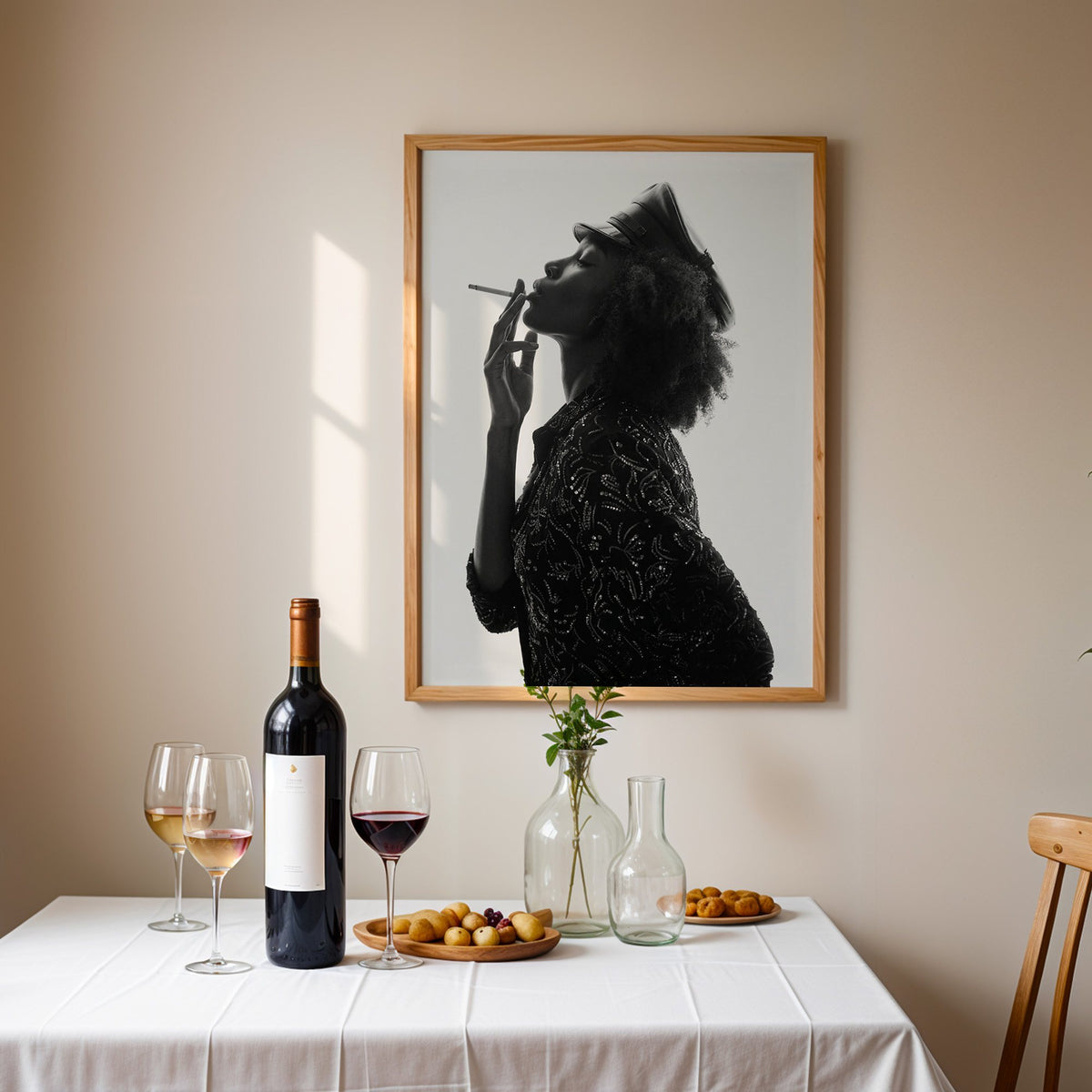 Backlit profile in leather cap with curly hair print in an oak frame above a table set with red wine and glasses