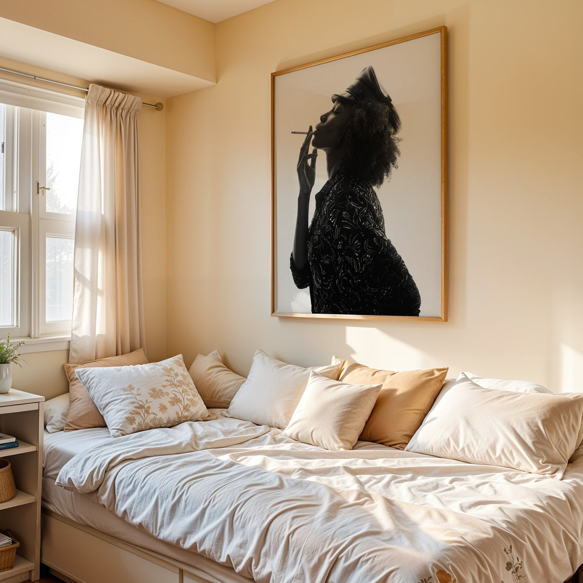 Backlit profile in leather cap with curly hair print in an oak frame above a cream daybed in a sunny bedroom