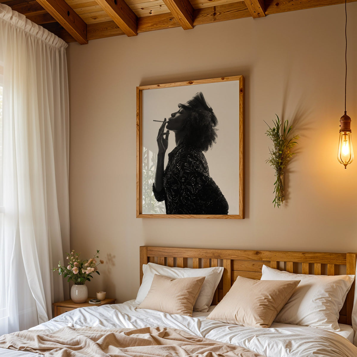 Backlit profile in leather cap with curly hair print in a pine frame above a wood headboard bed under a pendant bulb