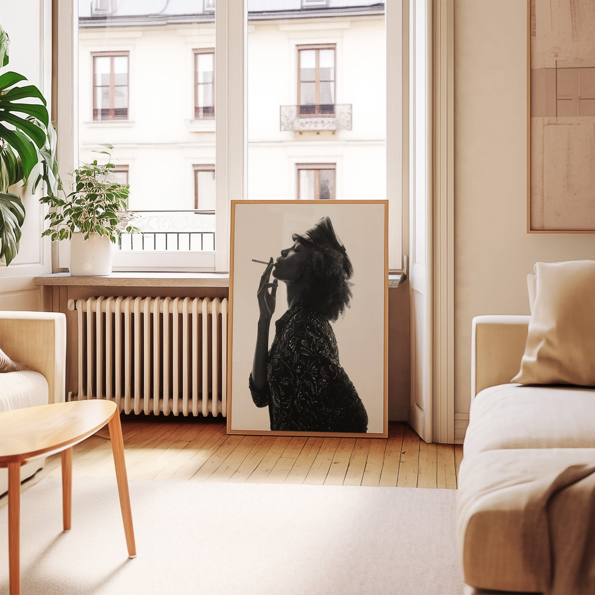 Backlit profile in leather cap with curly hair print in an oak frame leaning by a French window in a living room