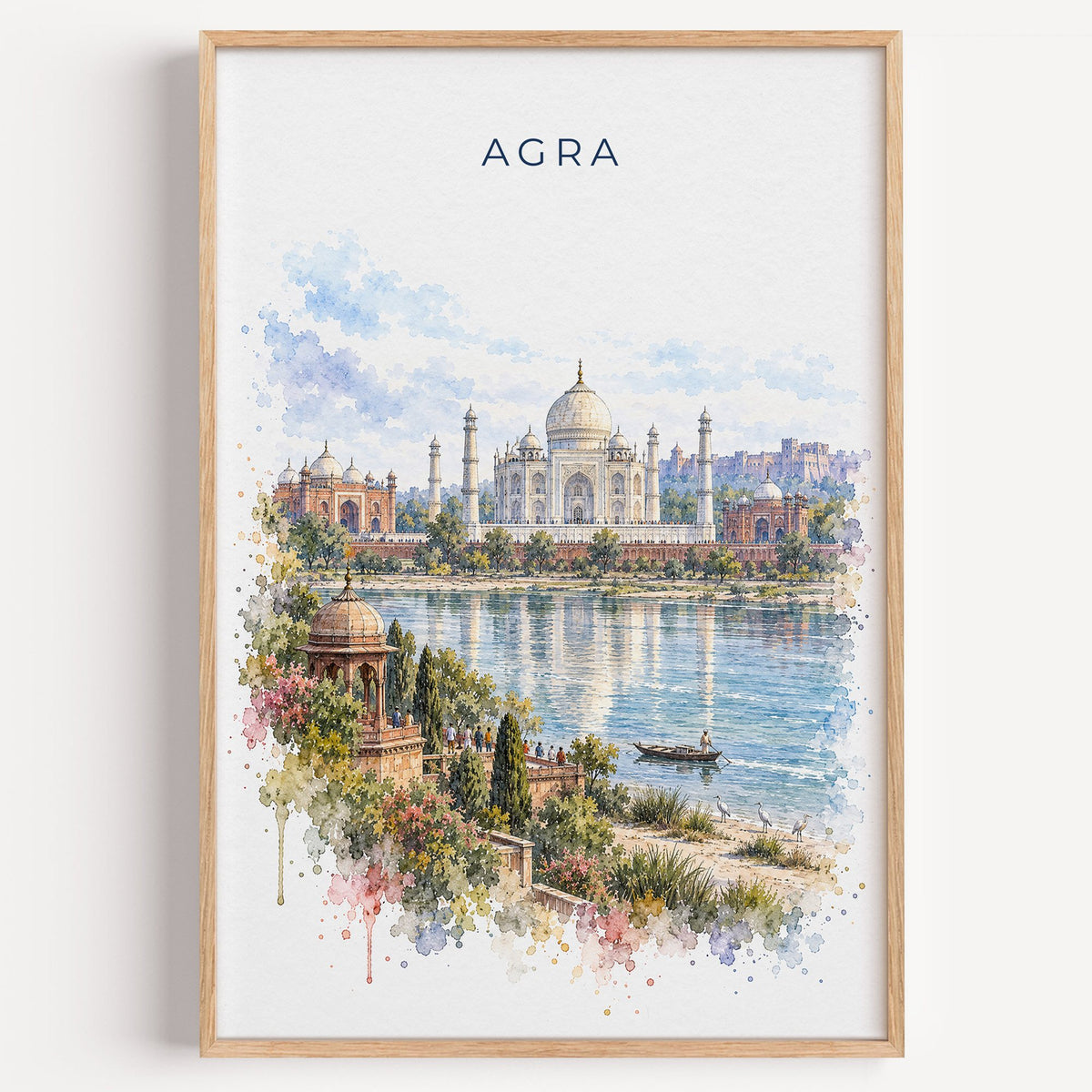 Agra watercolor print in a light oak frame on a plain white wall