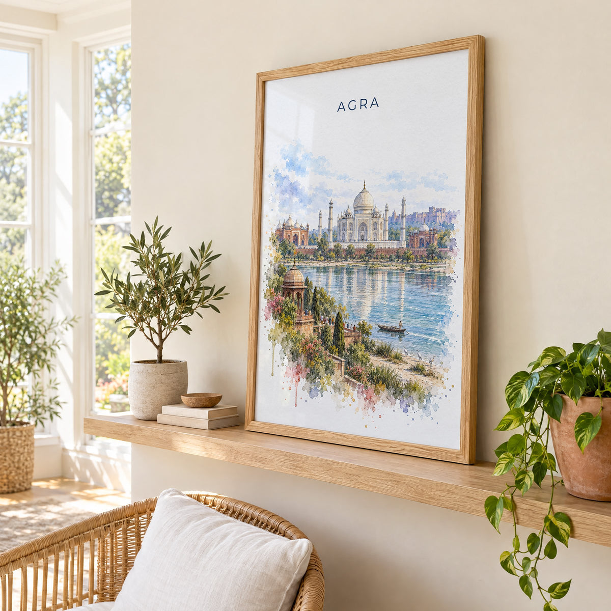 Agra watercolor print in an oak frame on a picture ledge in a sunlit sunroom