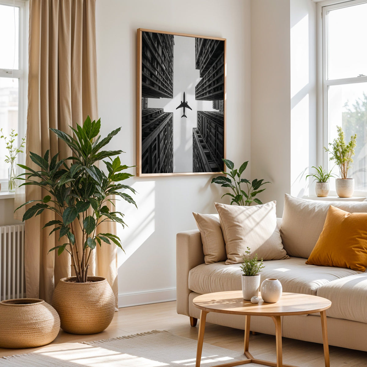 Airplane flying between four skyscrapers print in an oak frame above a cream sofa beside woven planters