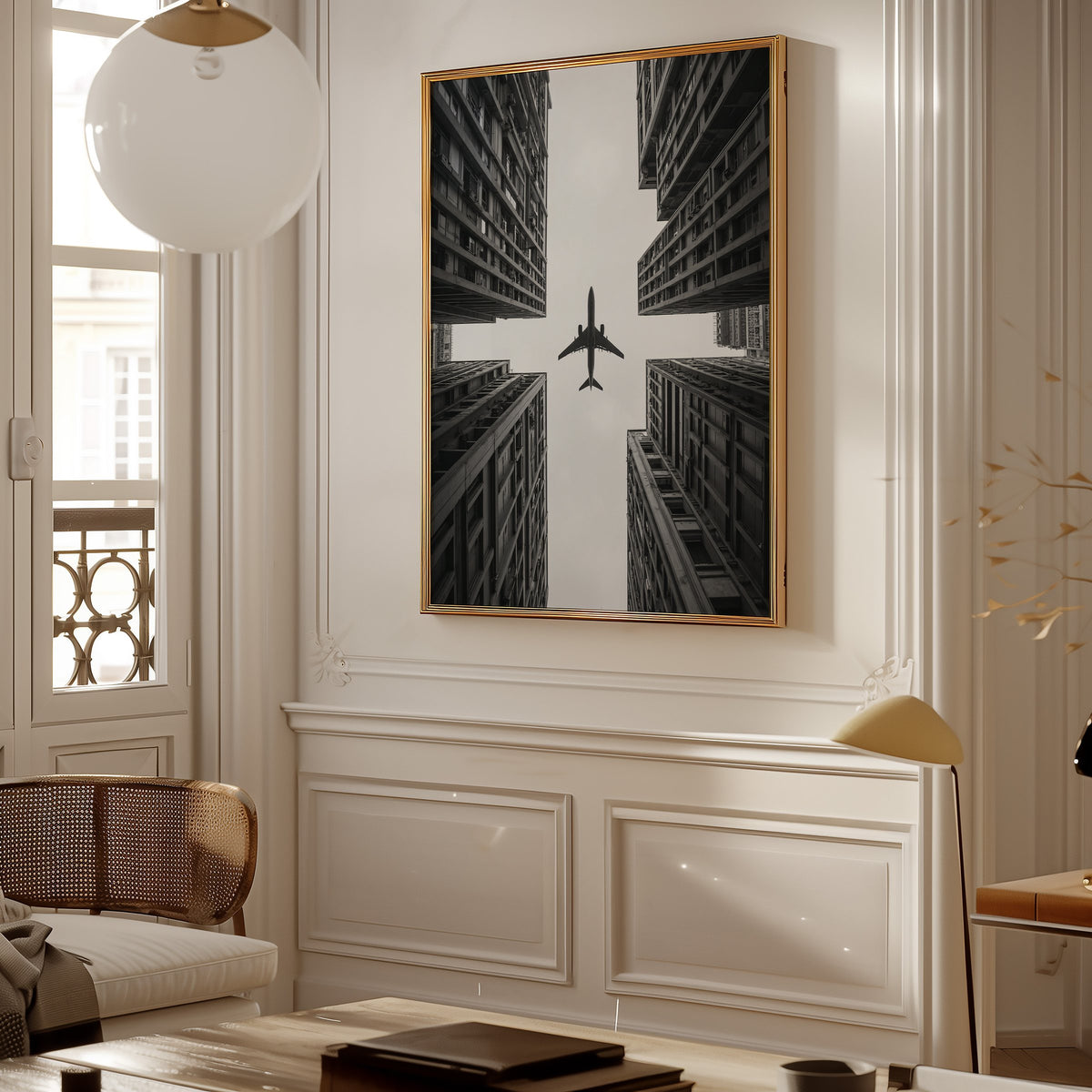Airplane flying between four skyscrapers print shown in a gold frame in a Parisian paneled living room