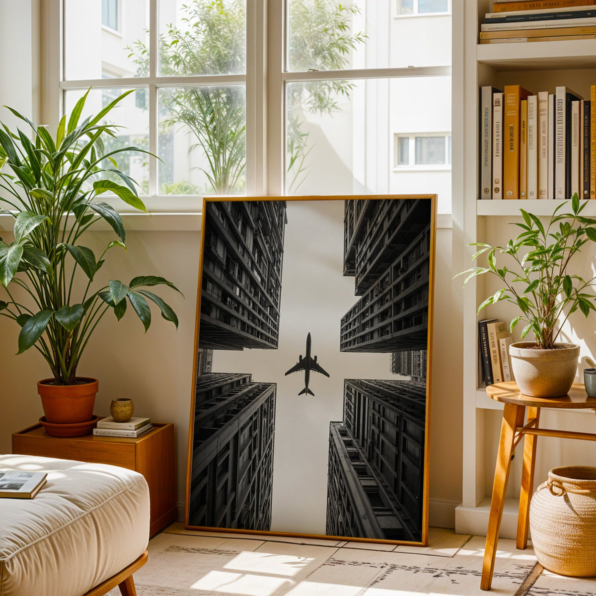 Airplane flying between four skyscrapers print shown in a brass frame leaning on a sunlit living room floor