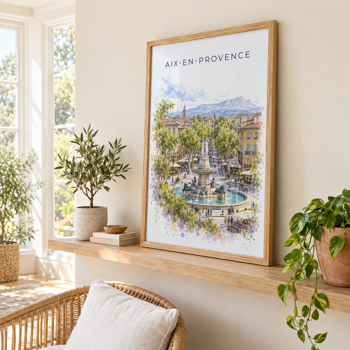 Aix-en-Provence watercolor print in an oak frame on a picture ledge in a sunlit sunroom
