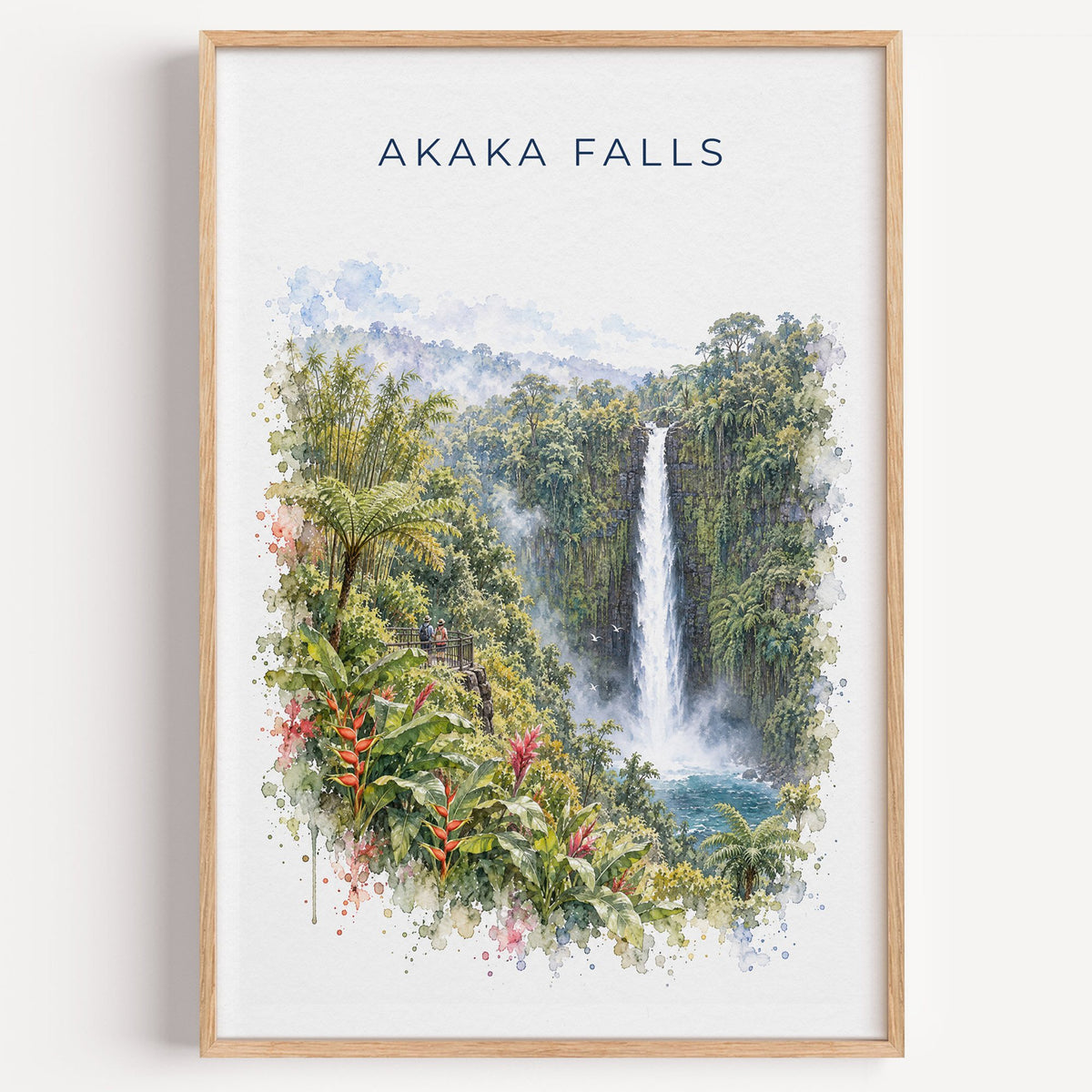 Akaka Falls watercolor print in a light oak frame on a plain white wall