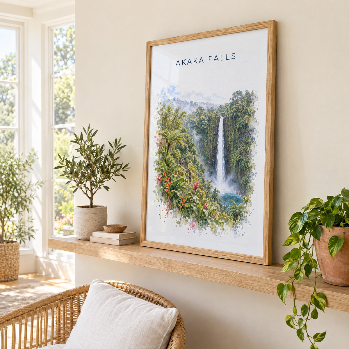 Akaka Falls watercolor print in an oak frame on a picture ledge in a sunlit sunroom
