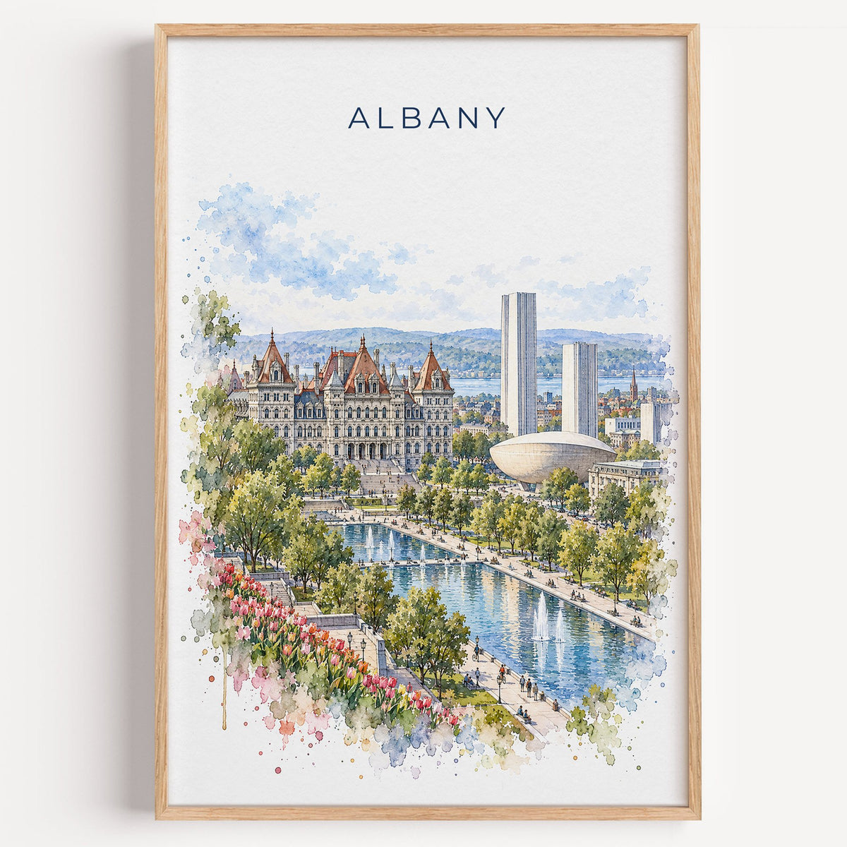 Albany, New York watercolor print in a light oak frame on a plain white wall
