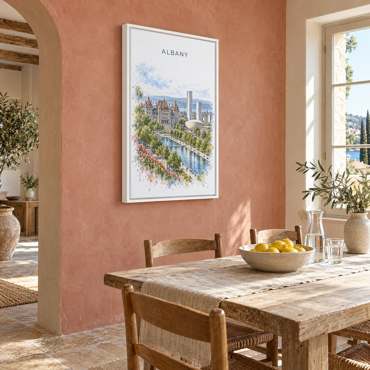 Albany, New York watercolor print as a white floater canvas on a terracotta wall above a rustic dining table