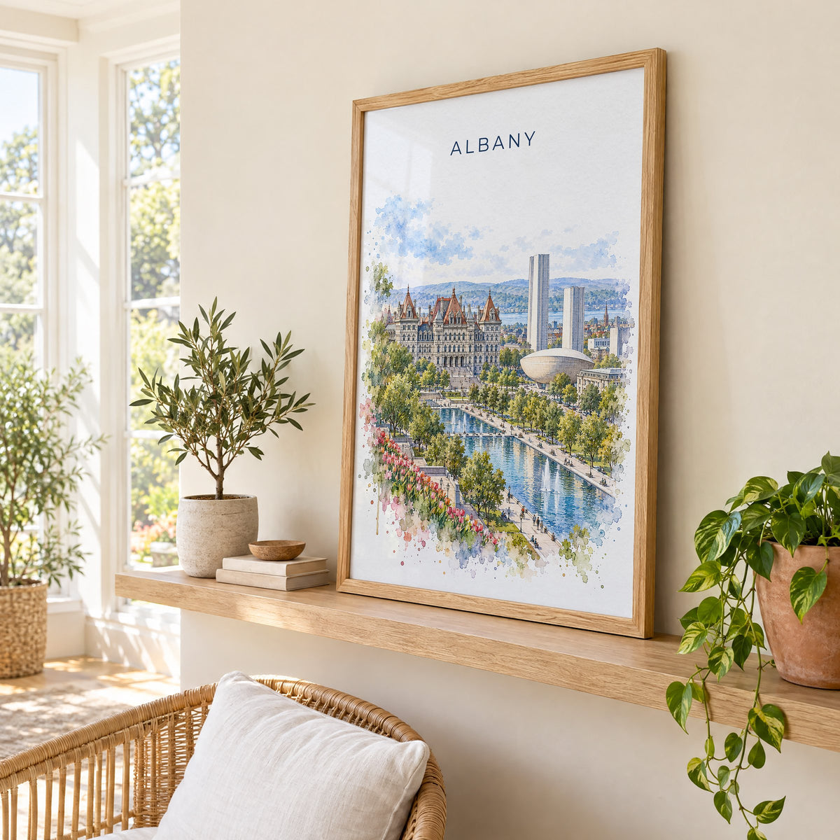 Albany, New York watercolor print in an oak frame on a picture ledge in a sunlit sunroom