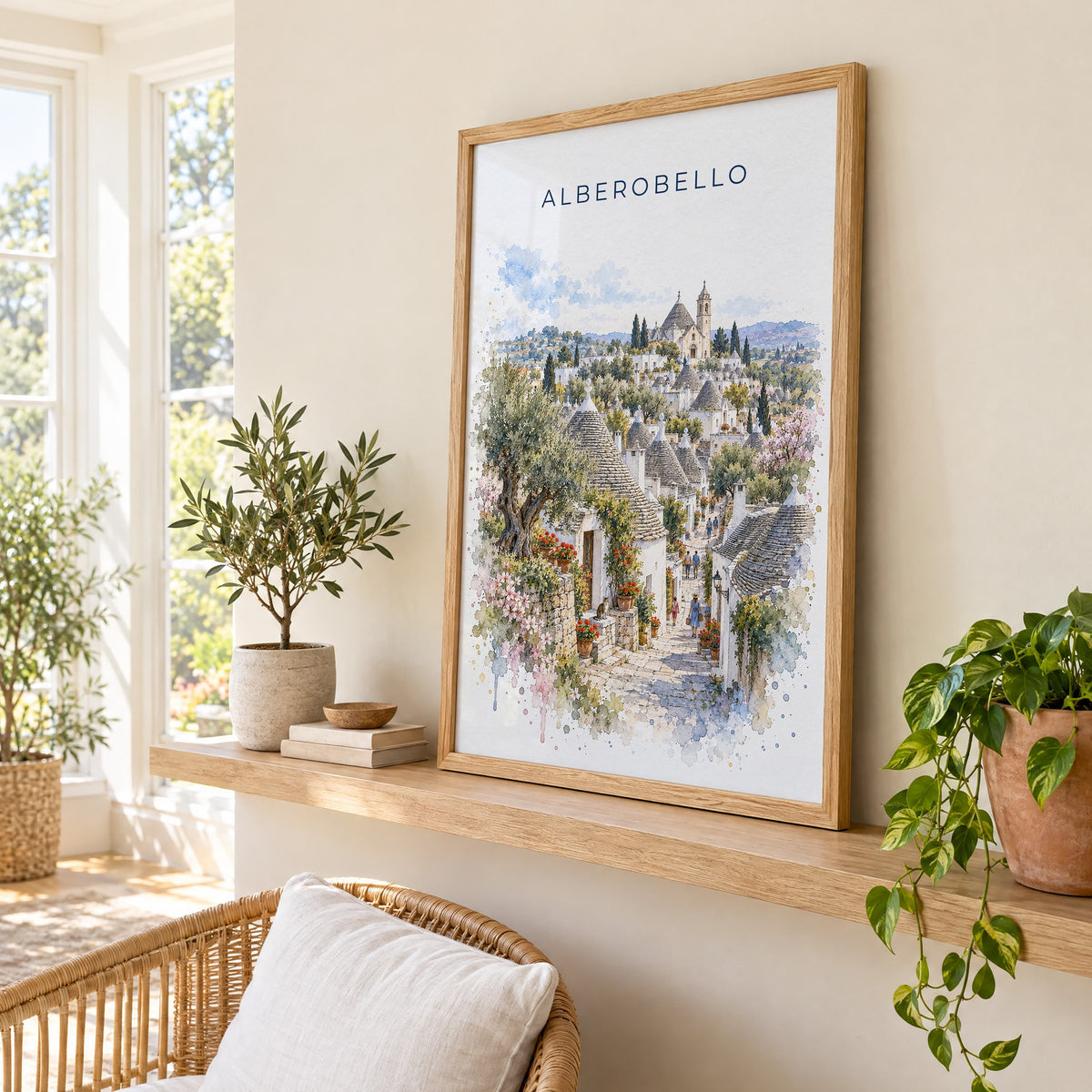 Alberobello watercolor print in an oak frame on a picture ledge in a sunlit sunroom