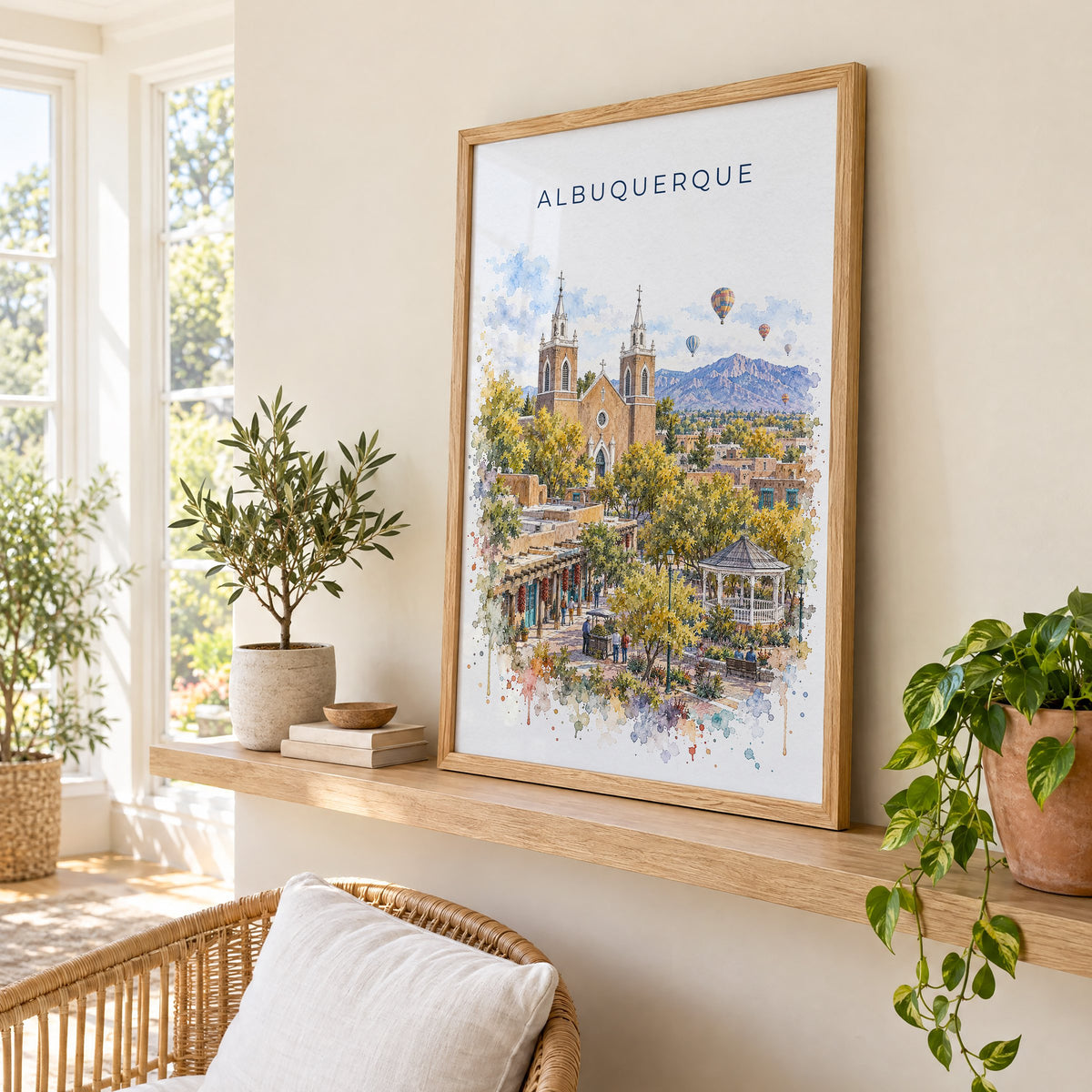 Albuquerque watercolor print in an oak frame on a picture ledge in a sunlit sunroom