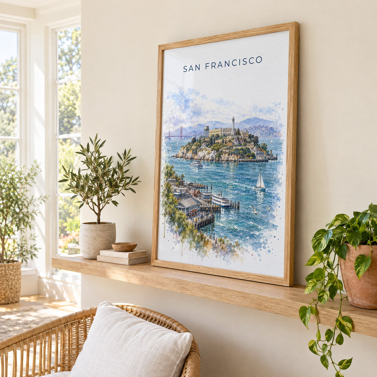 Alcatraz Island watercolor print in an oak frame on a picture ledge in a sunlit sunroom