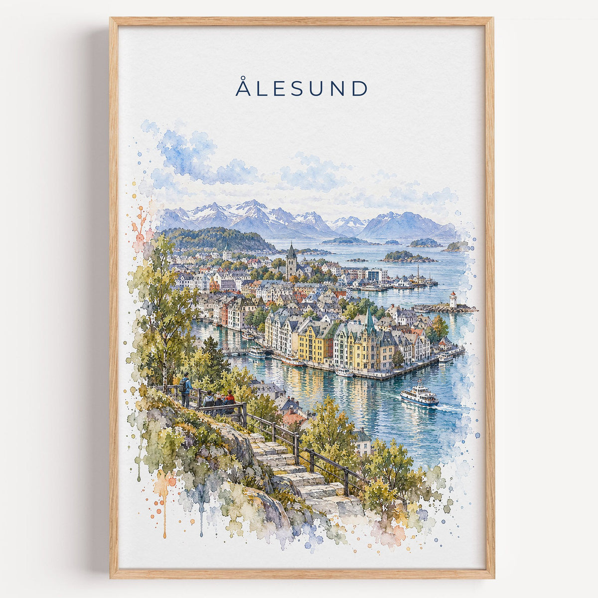 Ålesund watercolor print in a light oak frame on a plain white wall